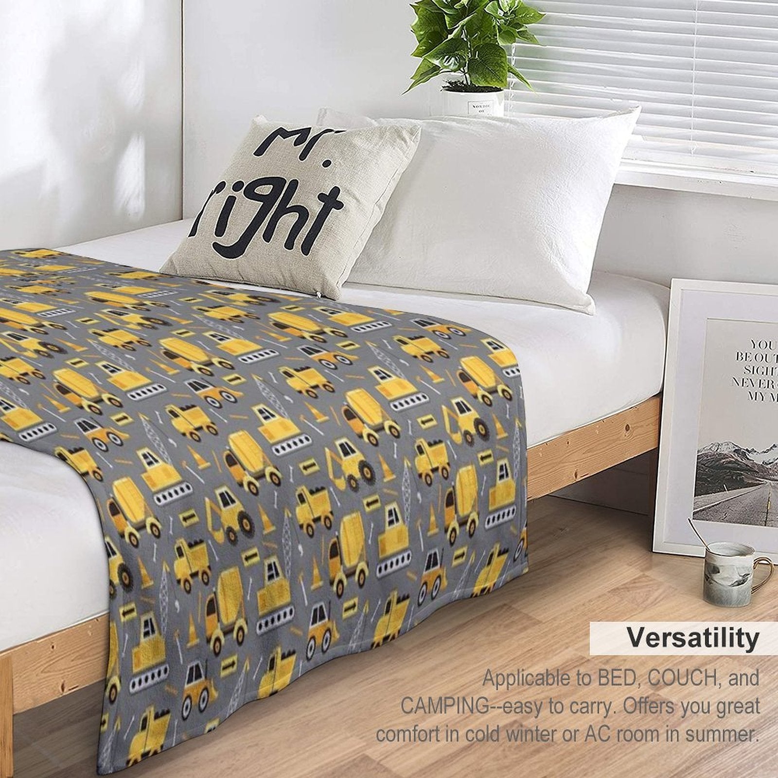 Construction Trucks on Gray Travel-friendly Throw Blanket