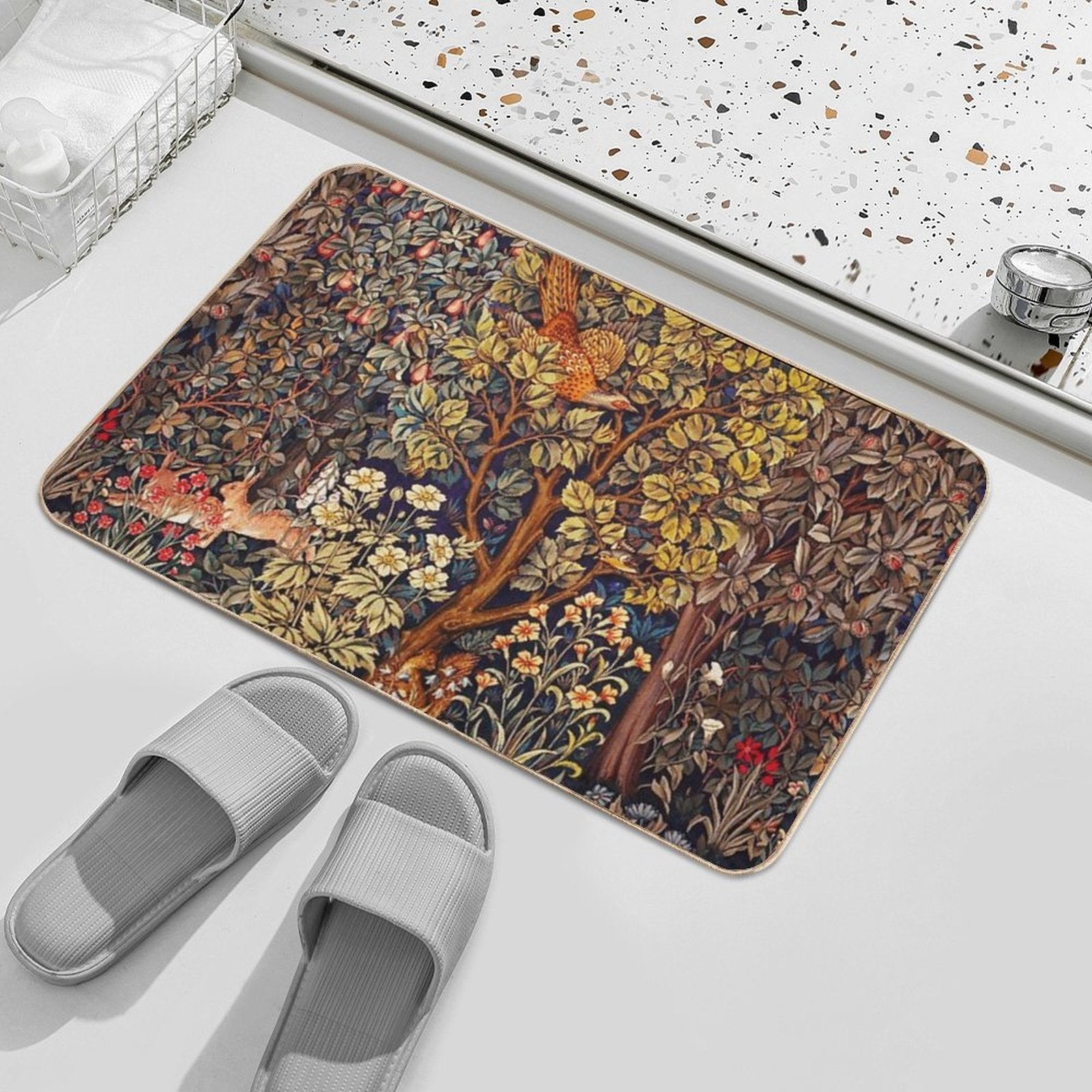 GREENERY,FOREST ANIMALS Pheasant on Autumn Tree,Squirrel,Hares,Red Yellow Floral Tapestry  Anti-Trip Bath Mat