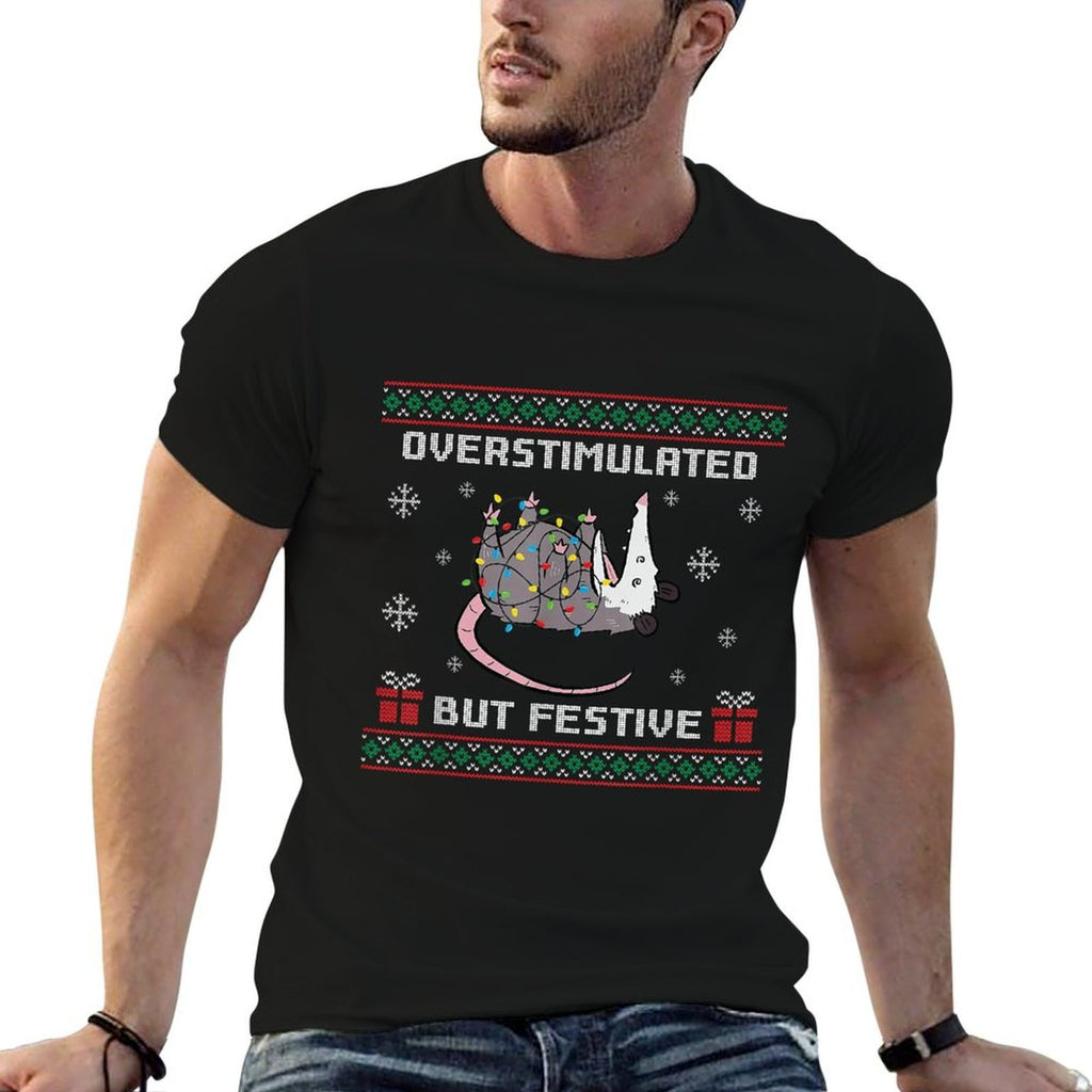 Overstimulated But Festive Possum Ugly Christmas  Heathered Texture T-Shirt