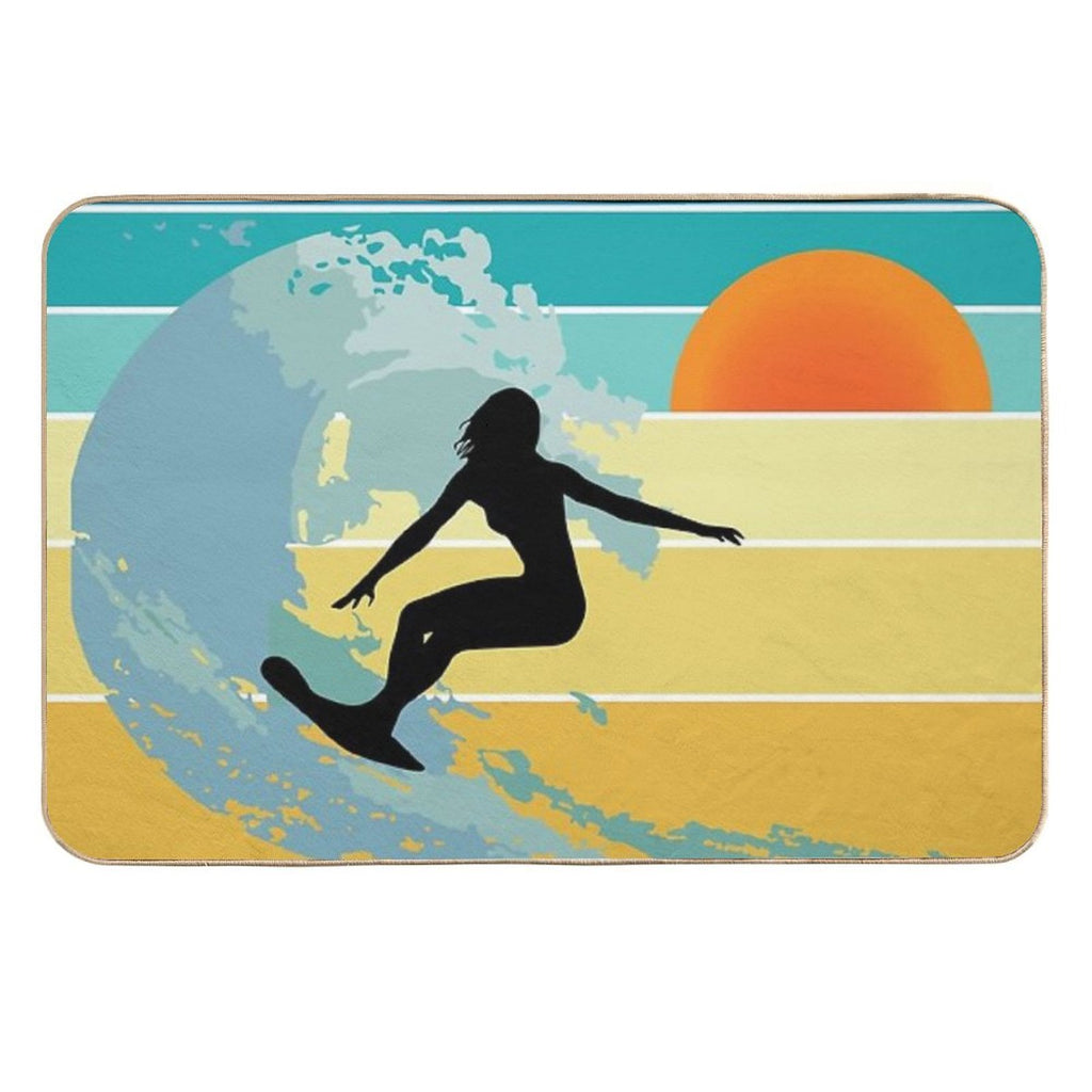 Sorry, I Can't, I Have A Board Meeting, Surfer Girl Silhouette at Sunset  Easy Maintenance Bath Mat