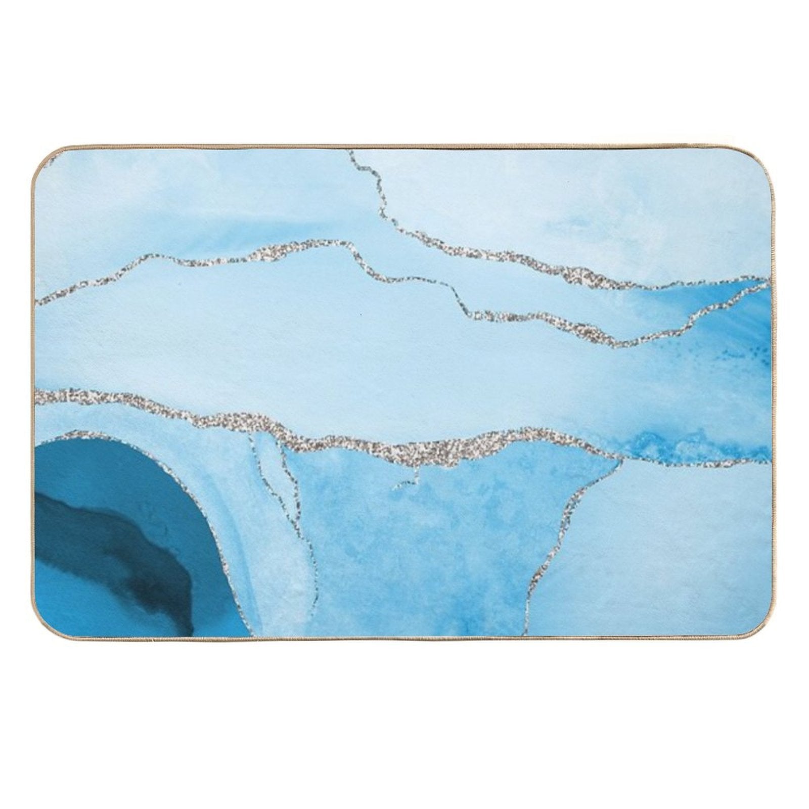 Watercolor Agate in Aqua Blue Faux Silver Veins  Easy To Clean Bath Mat