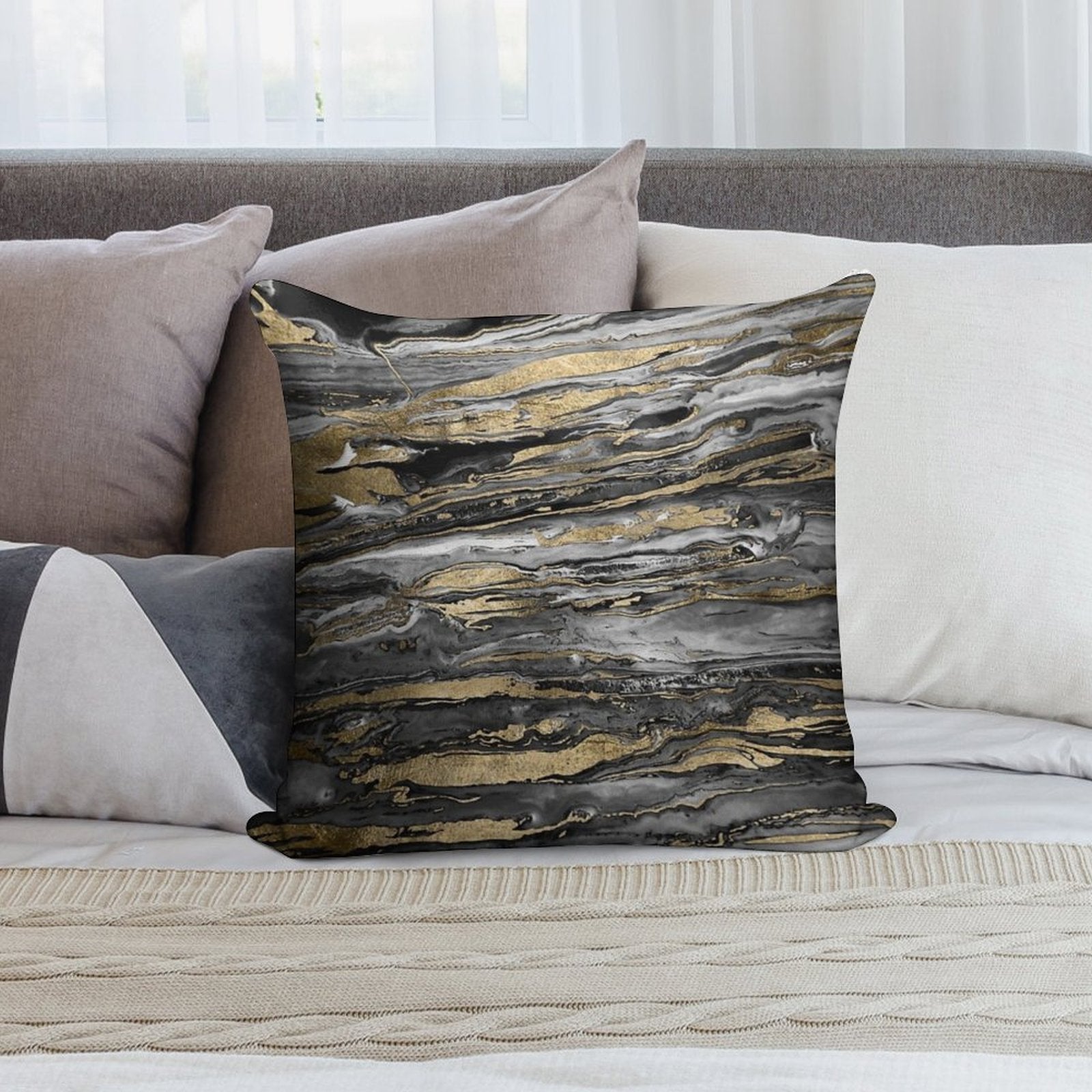 Stylish Grey Gold Abstract Marble Soft Easy Maintenance Throw Pillow