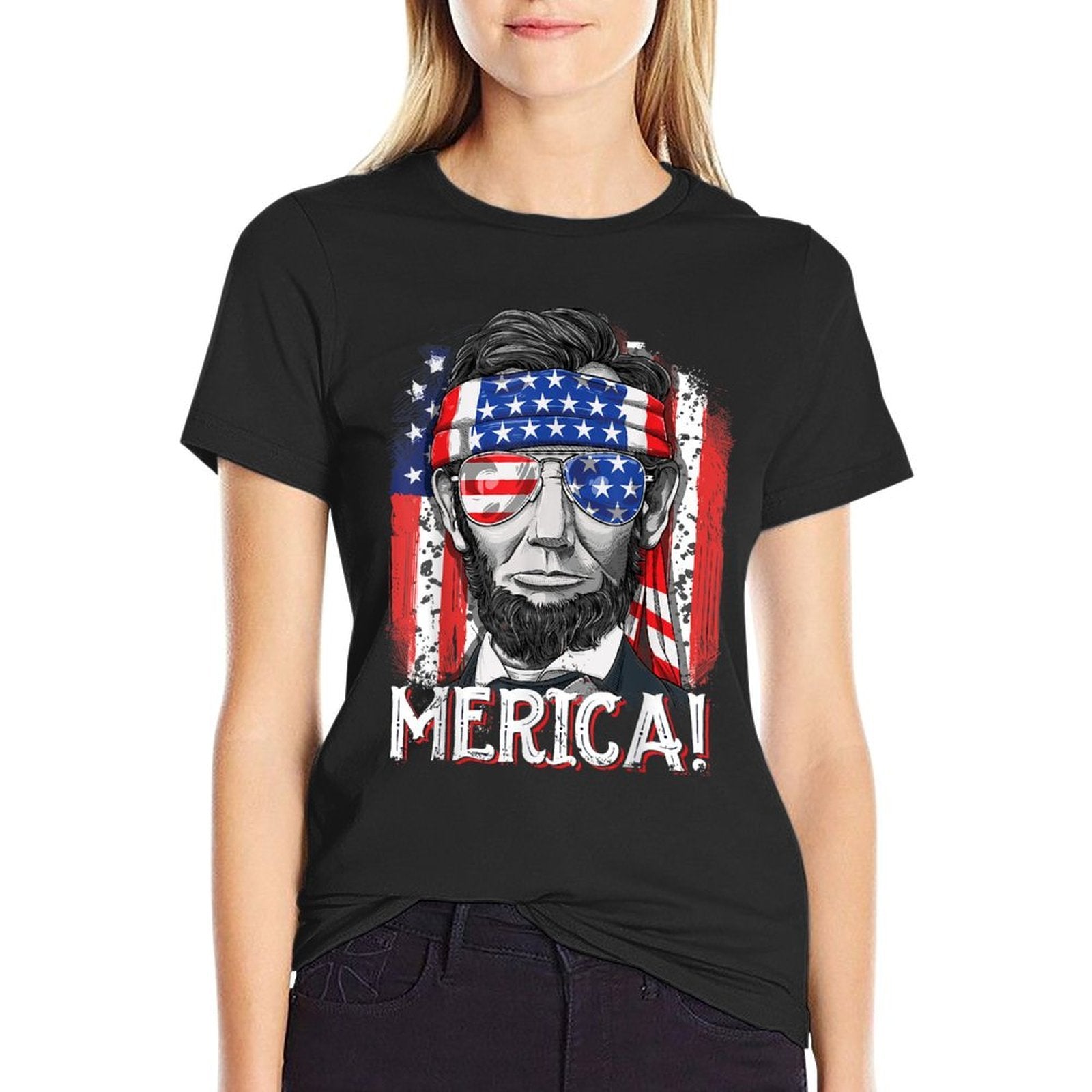 Lincoln 4th Of July Merica Abe Boys Men Women American Flag  Rolled Sleeves T-Shirt