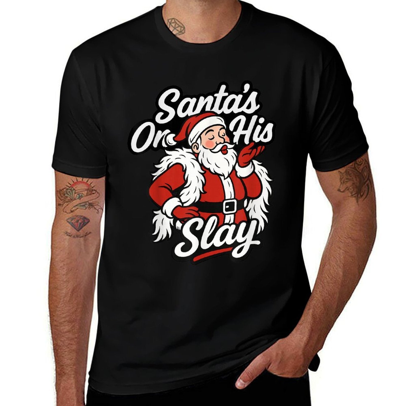 Santa On His Slay Christmas Season Party  Rolled Sleeves T-Shirt