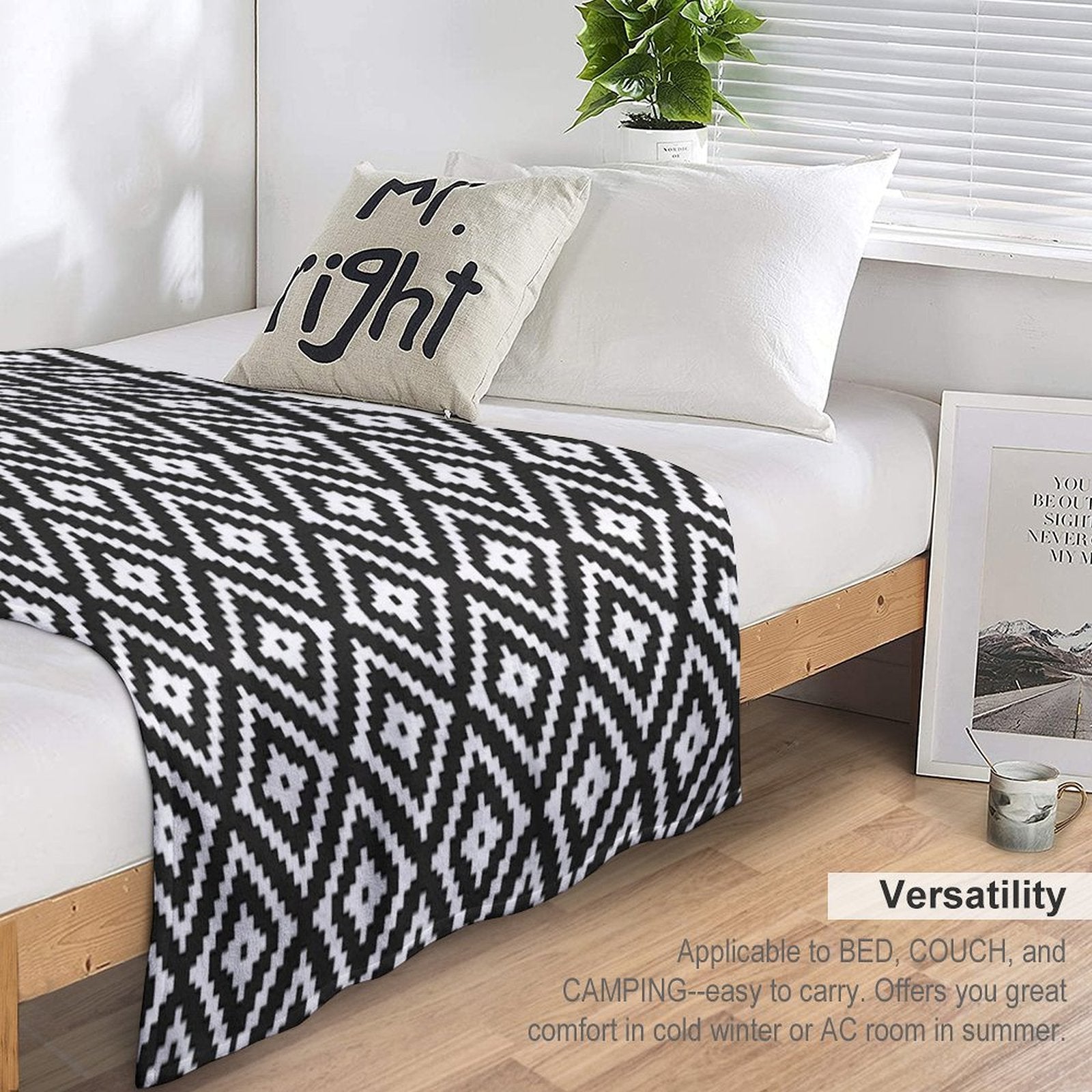 Aztec - White on Black Velvety-soft Throw Blanket