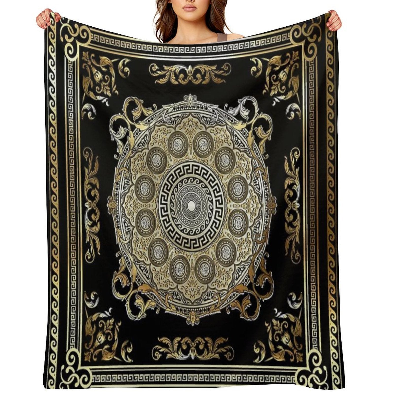 Ornate Baroque Gold Pearl Black Waves Greek Meander Easy Care Throw Blanket