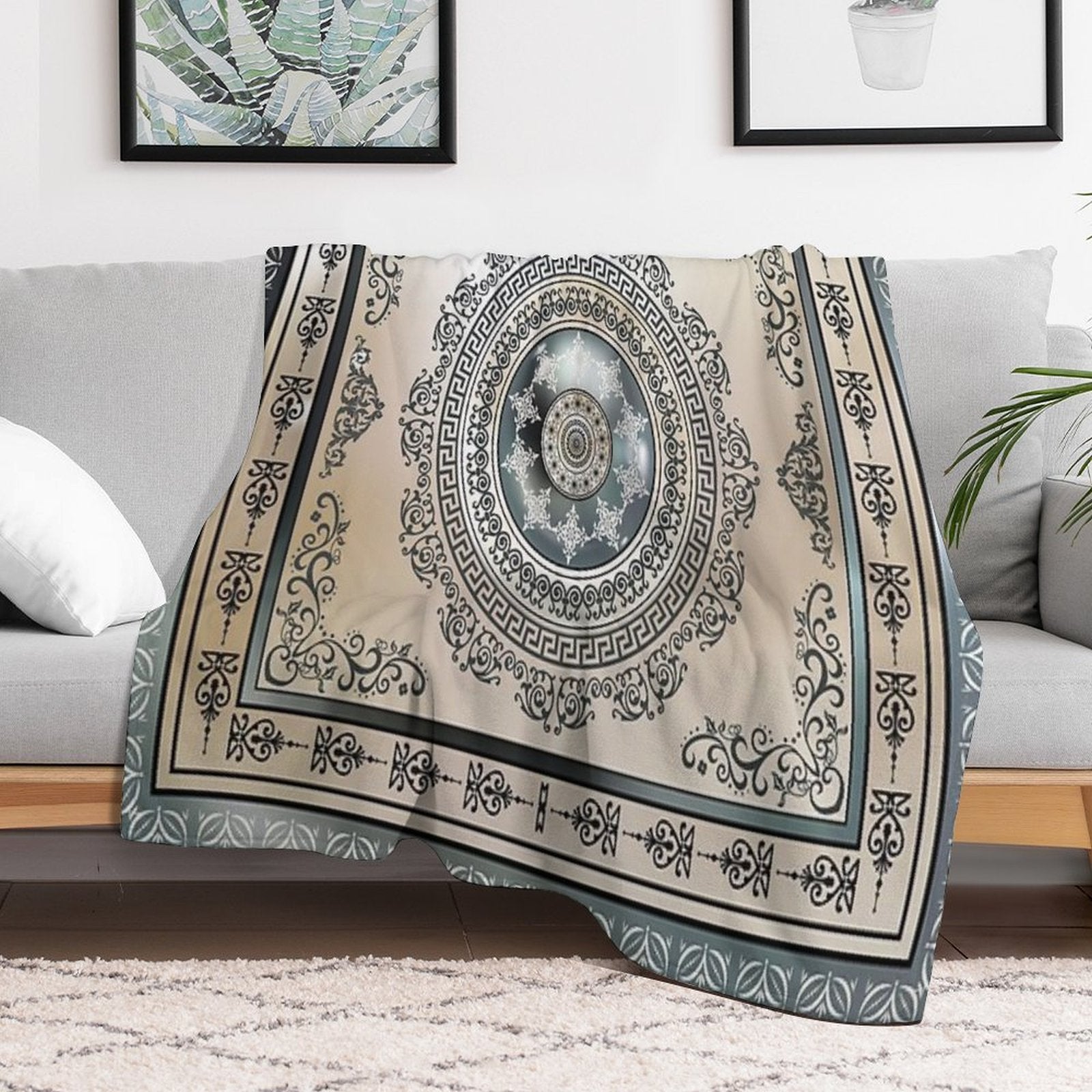 Ornate Greek Key Meander Green And Cream Medallion Wrinkle-free Throw Blanket