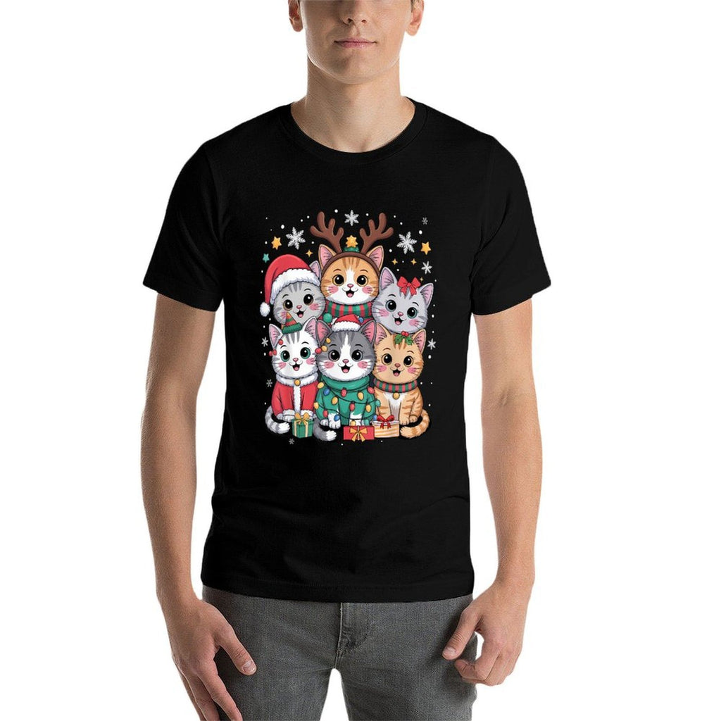 Cat Christmas Men Women Kids Santa Reindeer Kitten Cat Xmas  Rolled Sleeves T-Shirt