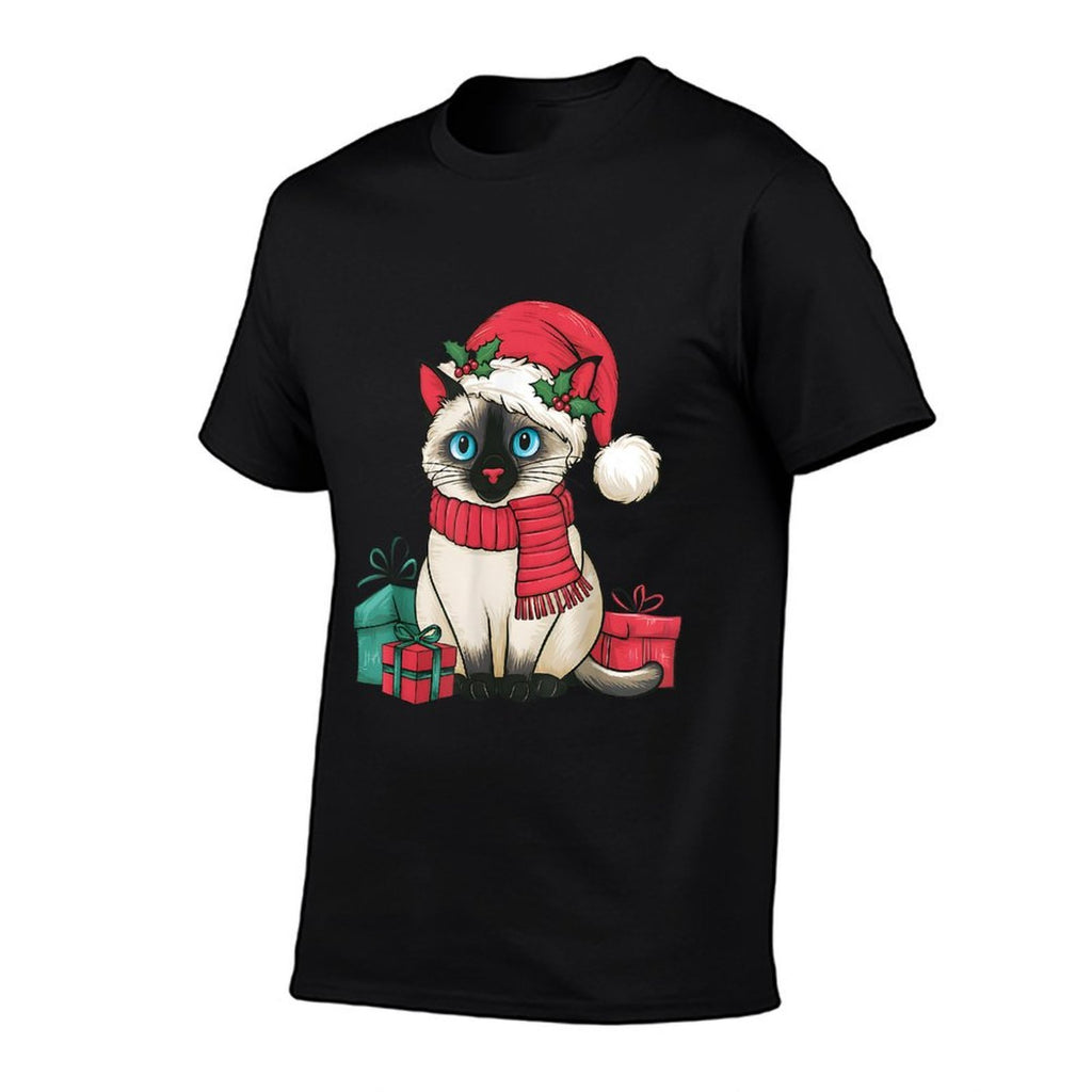 Siamese Cat Xmas Holiday Santa Siamese Cat Christmas Men Women Kids  Rolled Sleeves T-Shirt