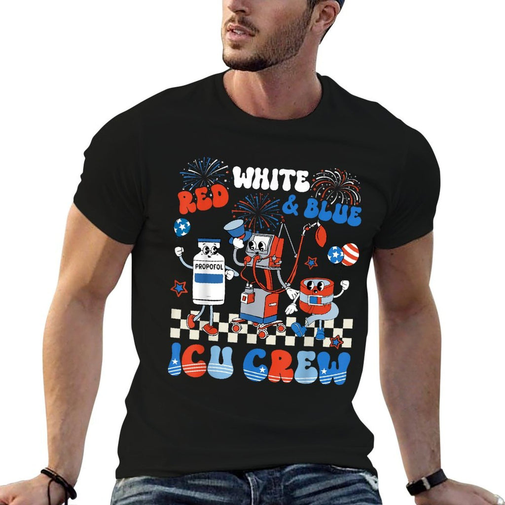 ICU Nurse 4th Of July Independence Day Red White ICU Crew  Cotton T-Shirt