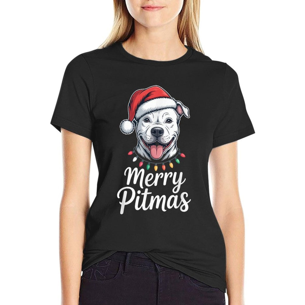 Merry Pitmas Pitbull Dog Christmas Lights Santa Hat  Vintage-inspired T-Shirt
