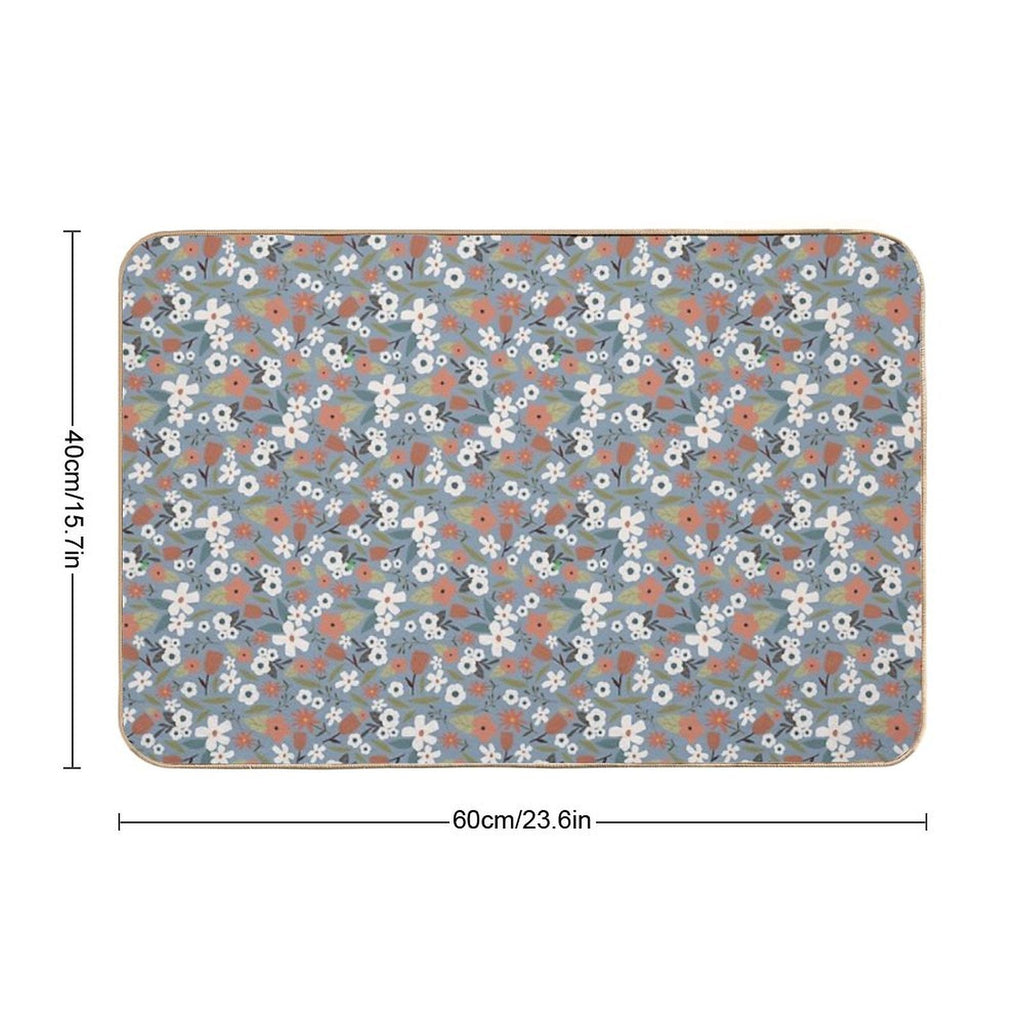 White Flowers on Blue Background Vintage Seamless Pattern  Dirt-Trapping Bath Mat