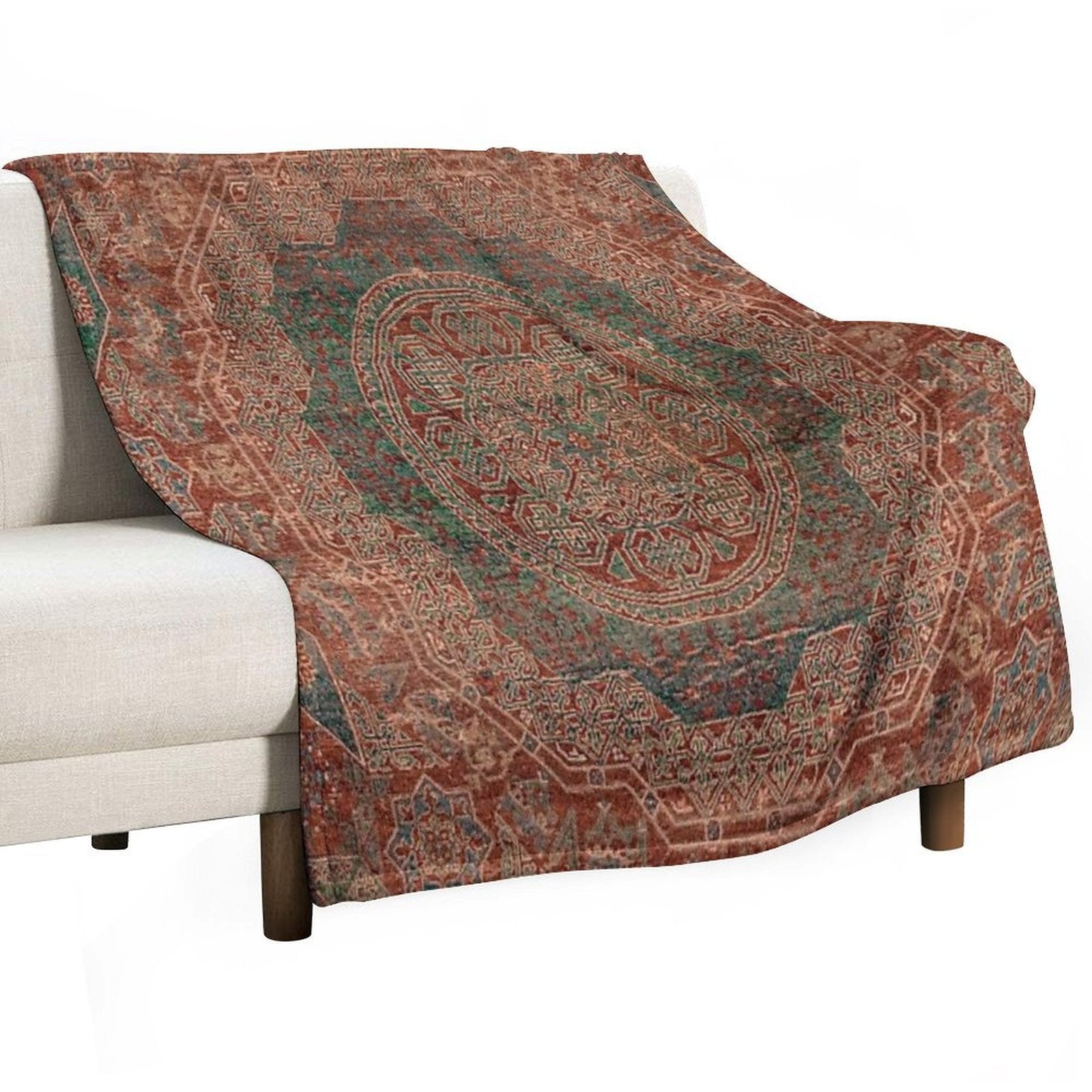 Bohemian Medallion I  15th Century Old Distressed Red Green Colorful Ornate Accent Rug Pattern Eco-conscious Throw Blanket