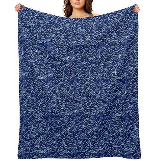 Vintage Japanese Clouds, Cobalt And Sky Blue Plush Throw Blanket