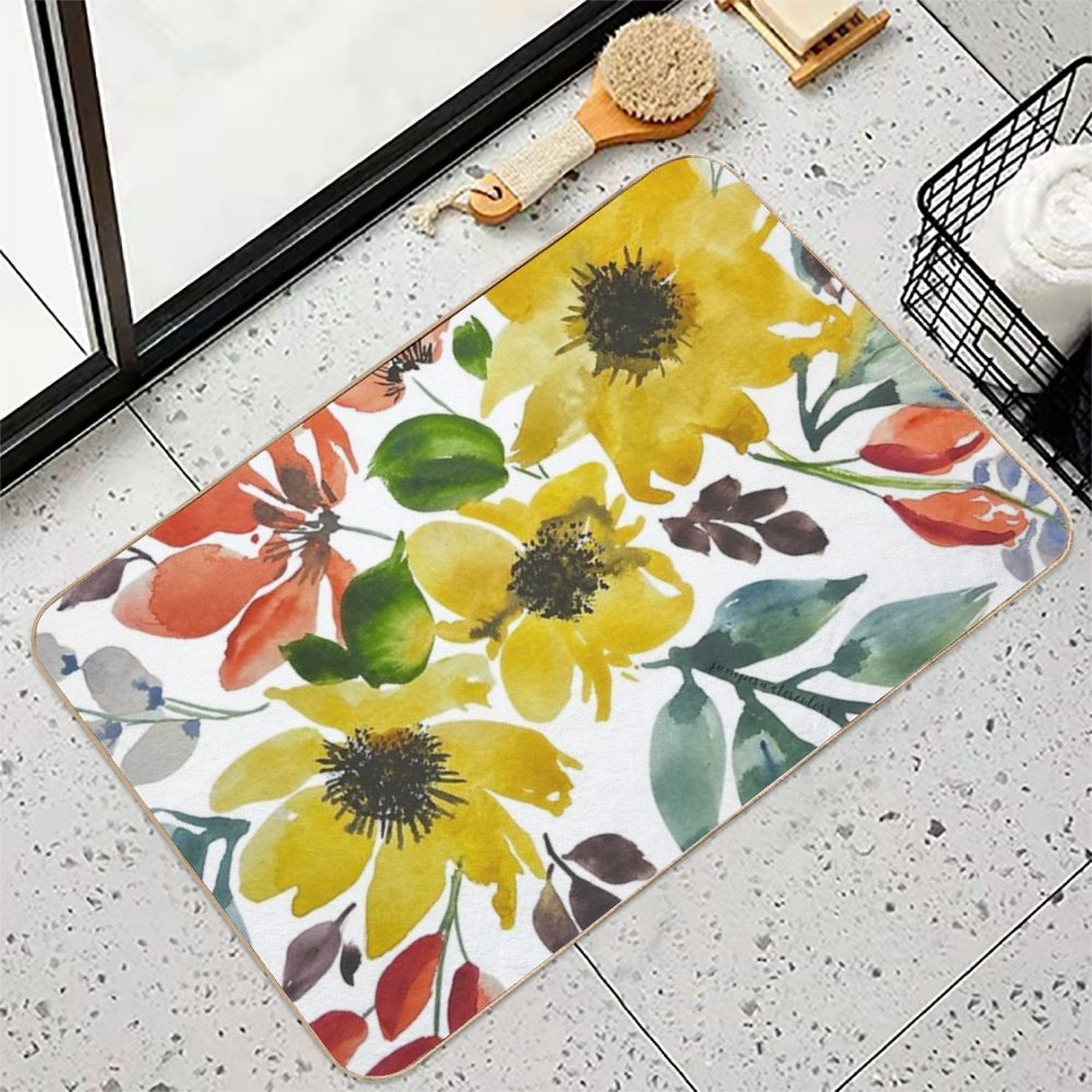 Watercolor Flowers Sunny Yellow Flowers  Dirt-Trapping Bath Mat
