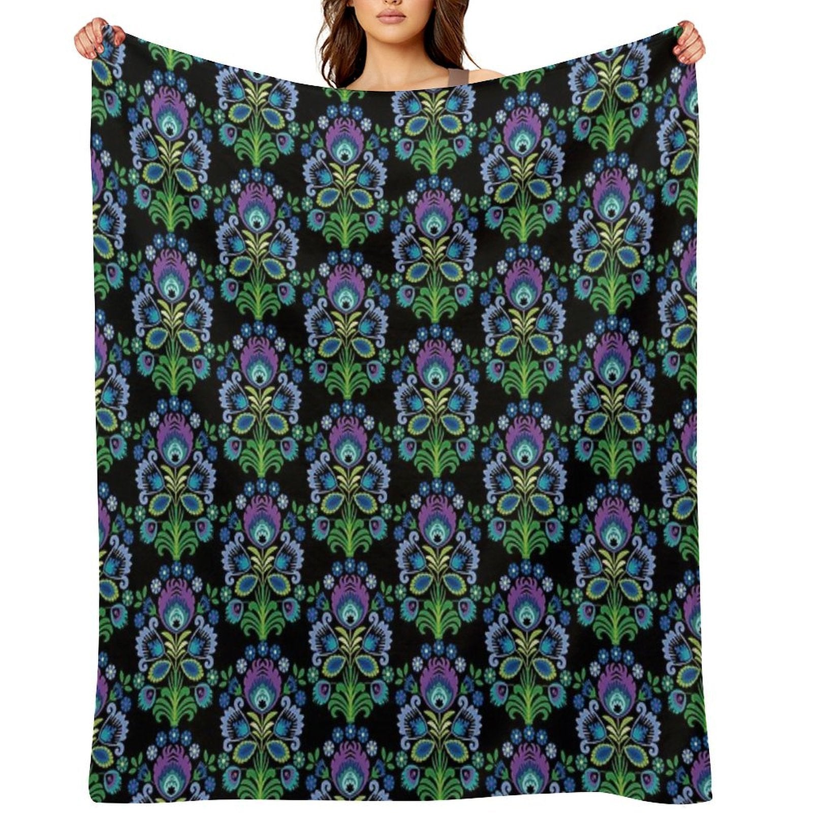 Polish Folk Flowers Purple on Black Shrink-resistant Throw Blanket