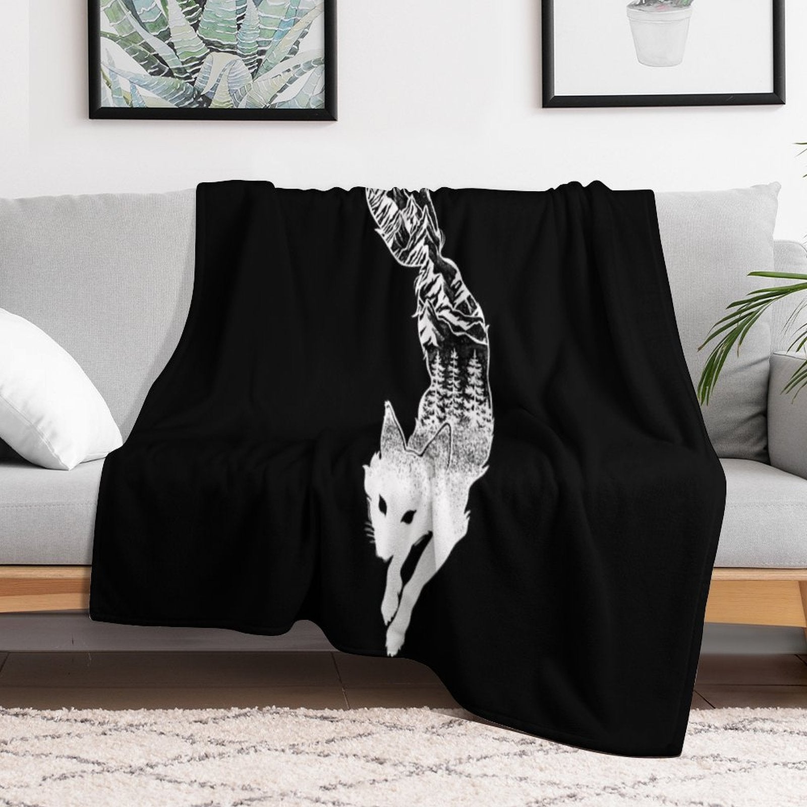 Fox Silhouette with Mountains, Trees & Moon T-Shirt Gift-ready Throw Blanket