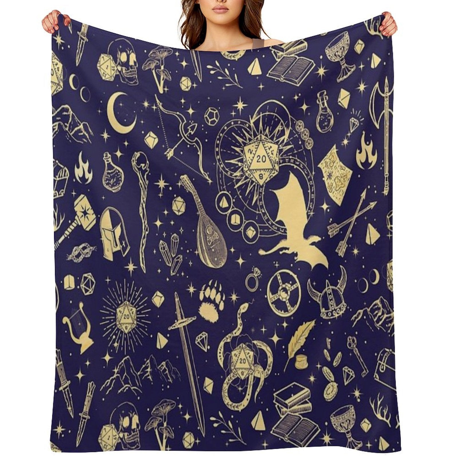 DND RPG Pattern Seamless Dungeons And Dragons Doodles, Celestial Night Sky And Stars Constellations Gift-ready Throw Blanket