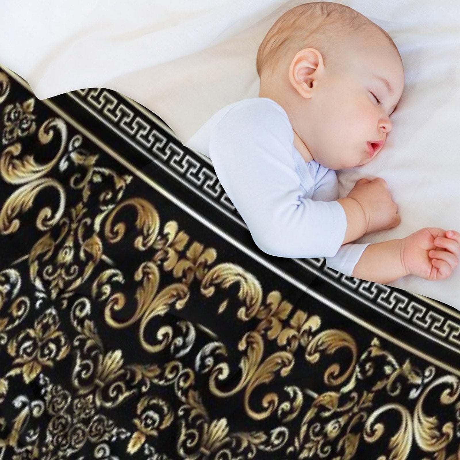 Ornate Baroque Black And Gold Greek Key Border Sustainable Throw Blanket