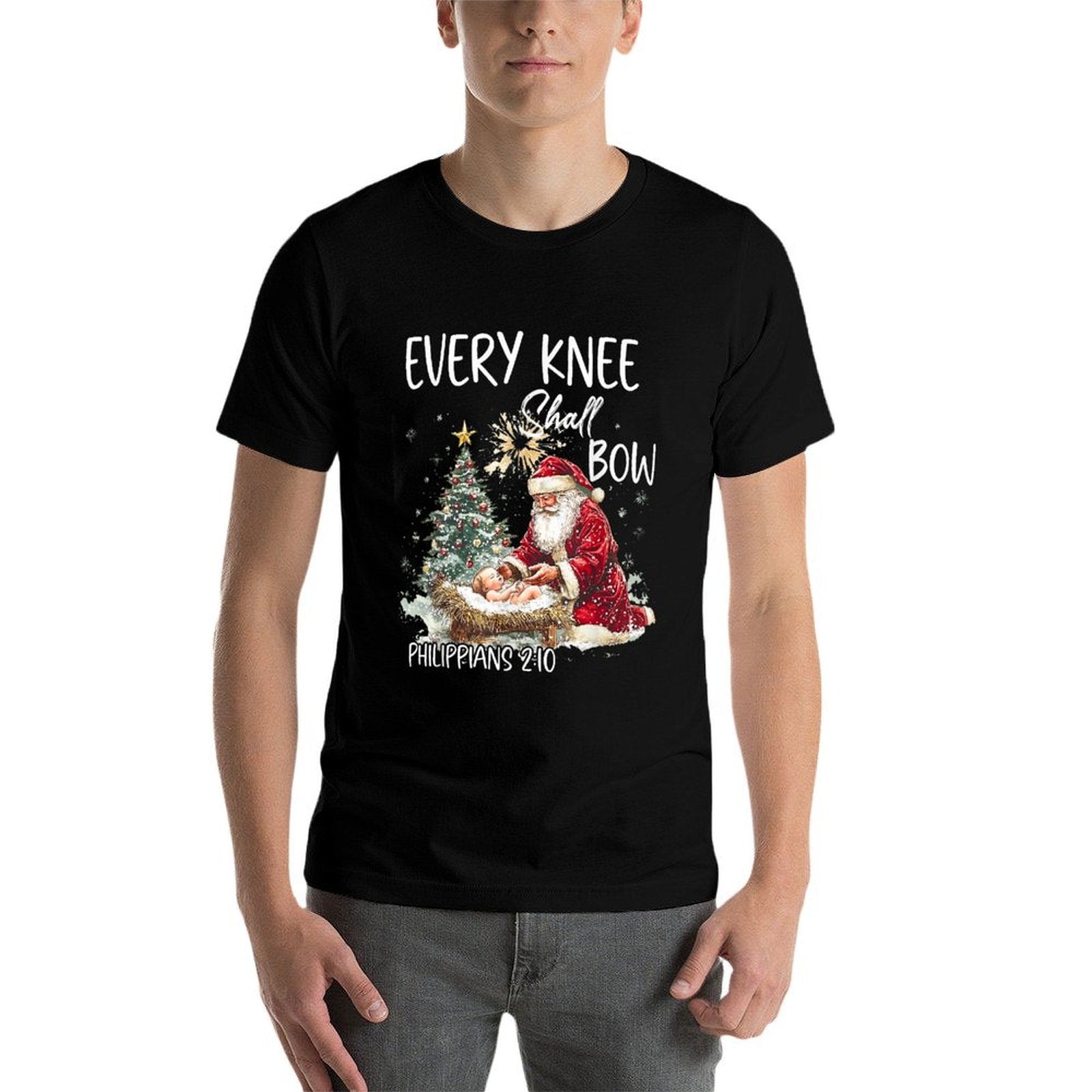 Every Knee Shall Bow Jesus Christian Christmas Santa Pajamas  Cotton T-Shirt