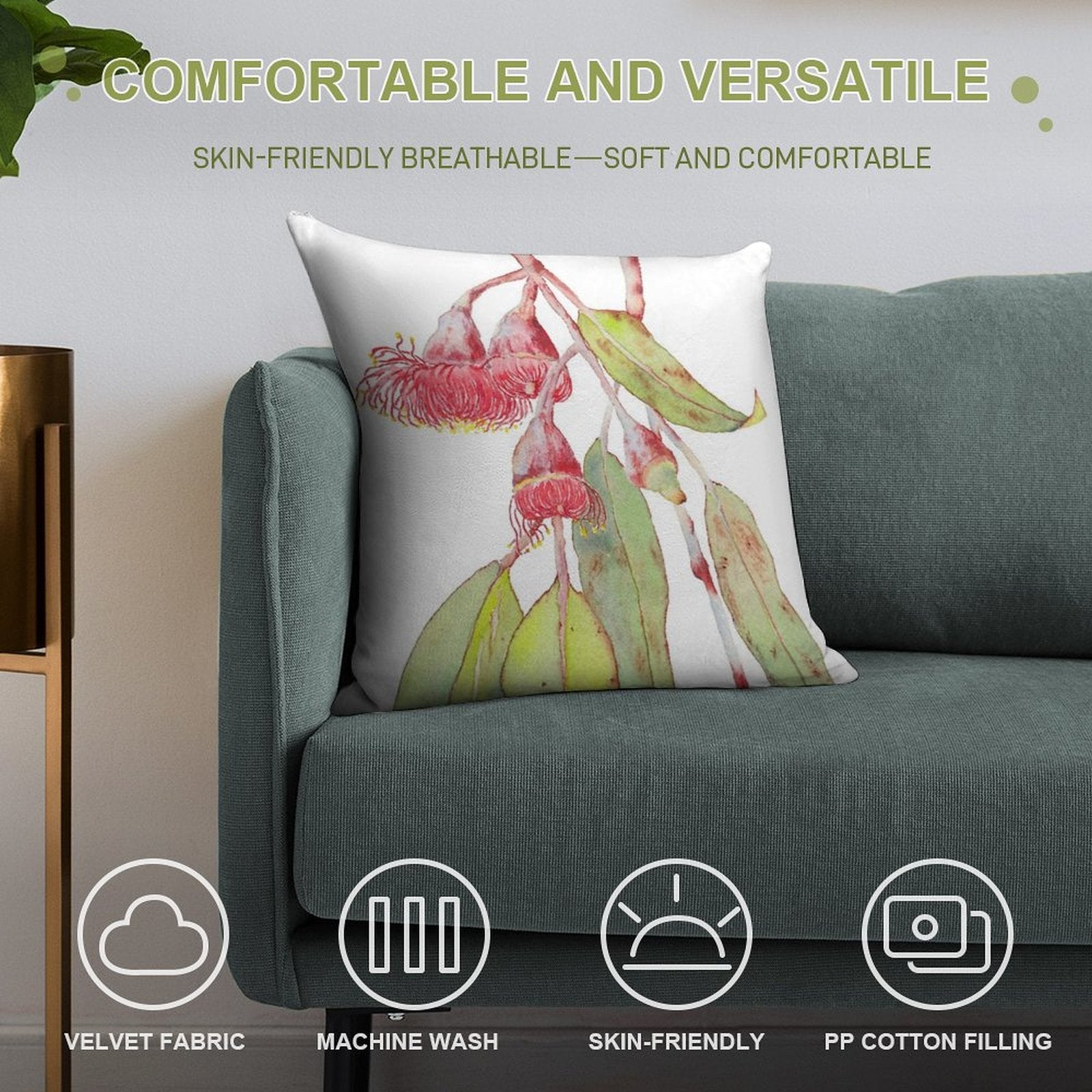 Flowering Silver Princess Eucalyptus Watercolor Soft Decorative Cover Throw Pillow