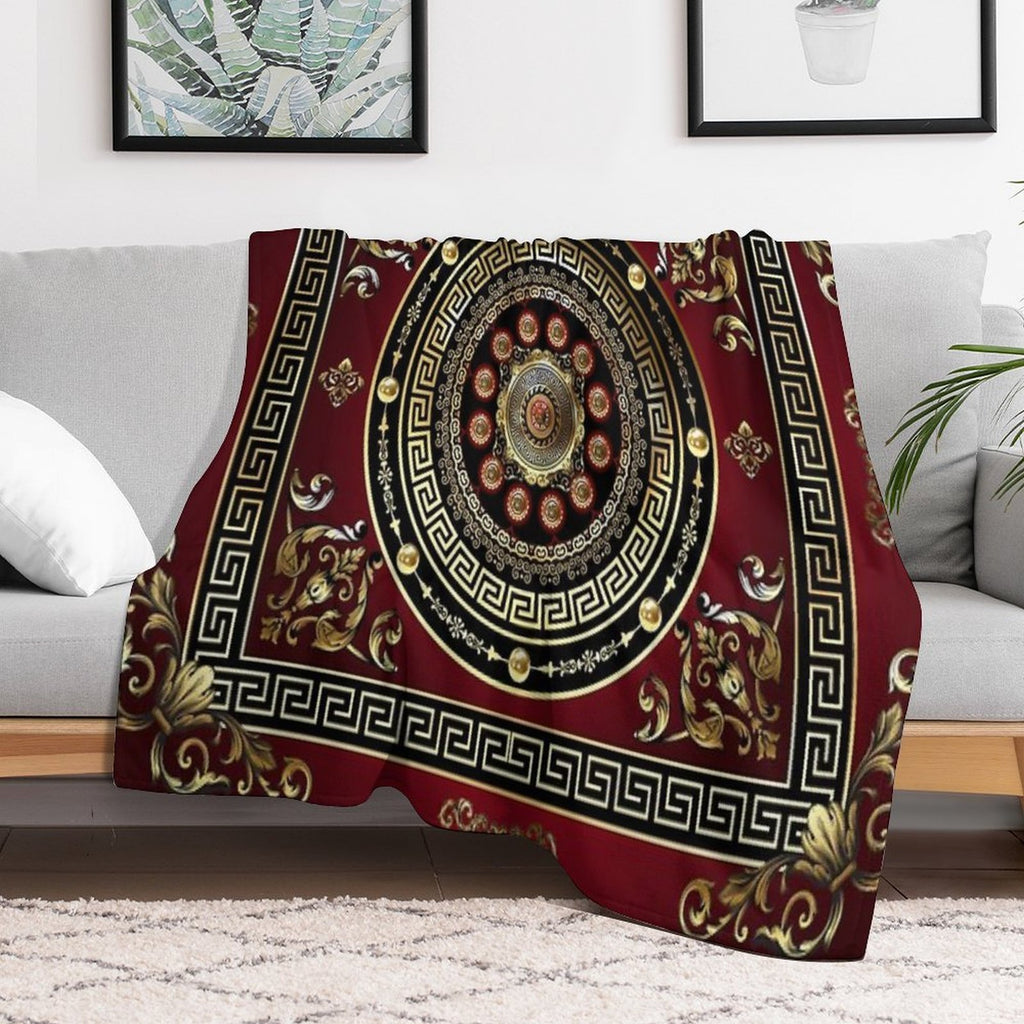Greek Key Meander Red Gold Black Medallion Baroque Lightweight Throw Blanket