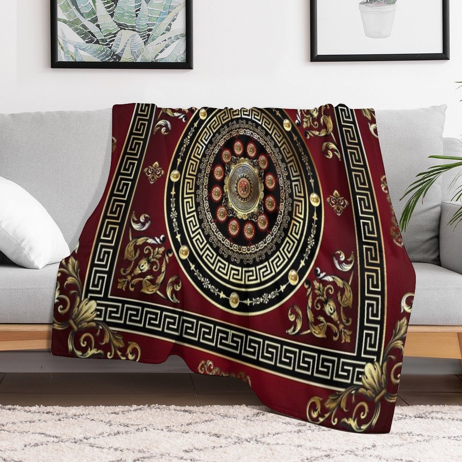 Greek Key Meander Red Gold Black Medallion Baroque Lightweight Throw Blanket
