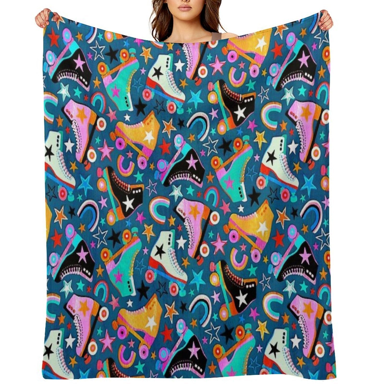 Retro Rainbow Roller Skates And Stars Durable Throw Blanket
