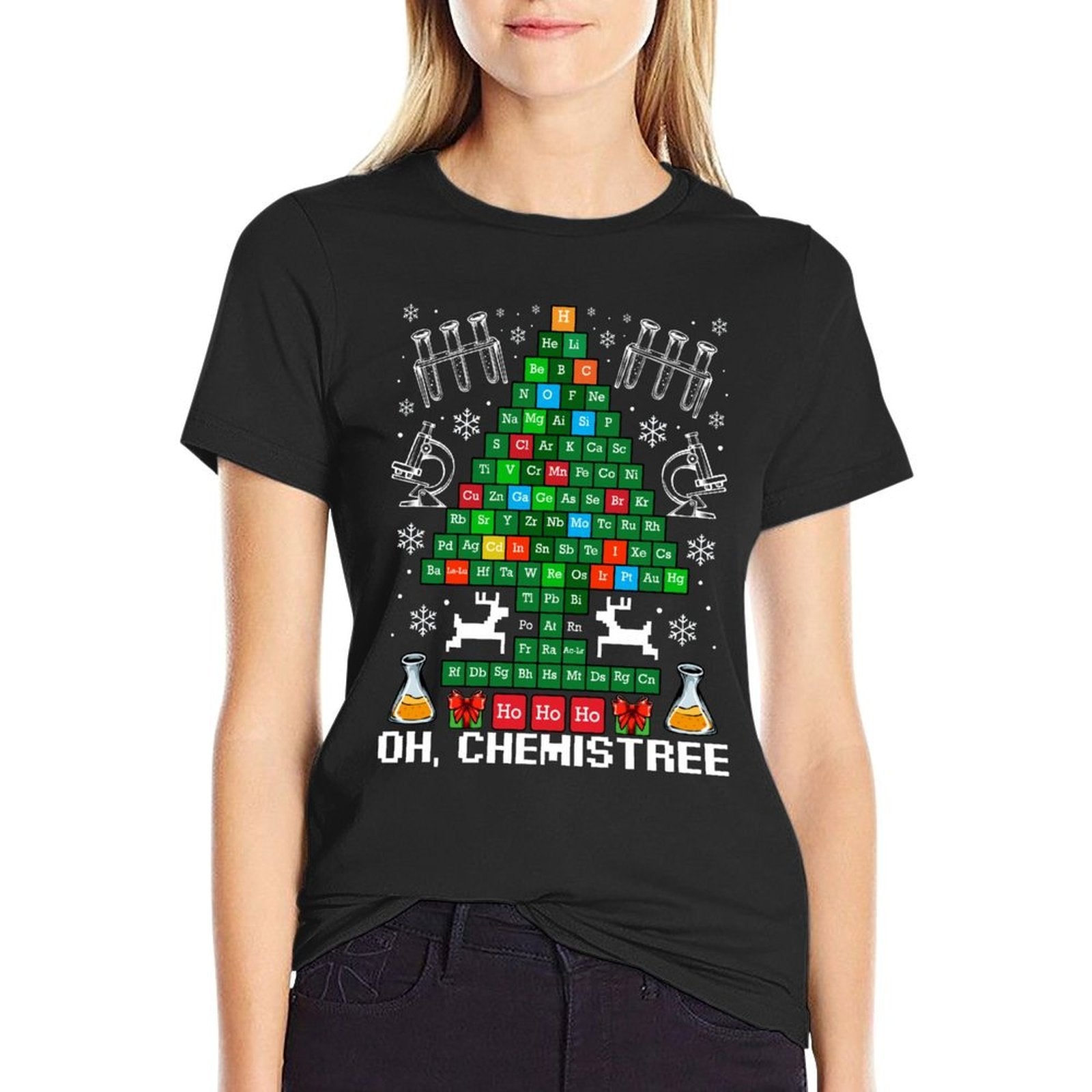 Oh Chemistree Christmas Tree Chemistry Science Funny  Ribbed Collar T-Shirt