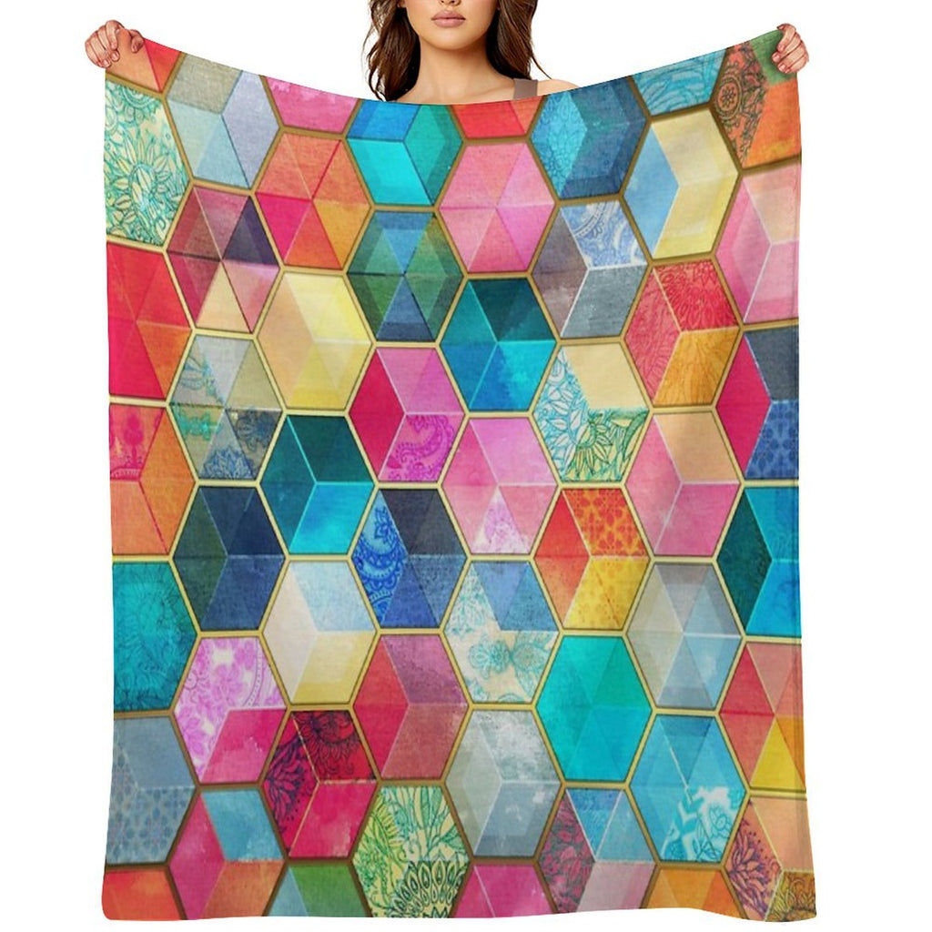 Crystal Bohemian Honeycomb Cubes - Colorful Hexagon Pattern Gift-ready Throw Blanket