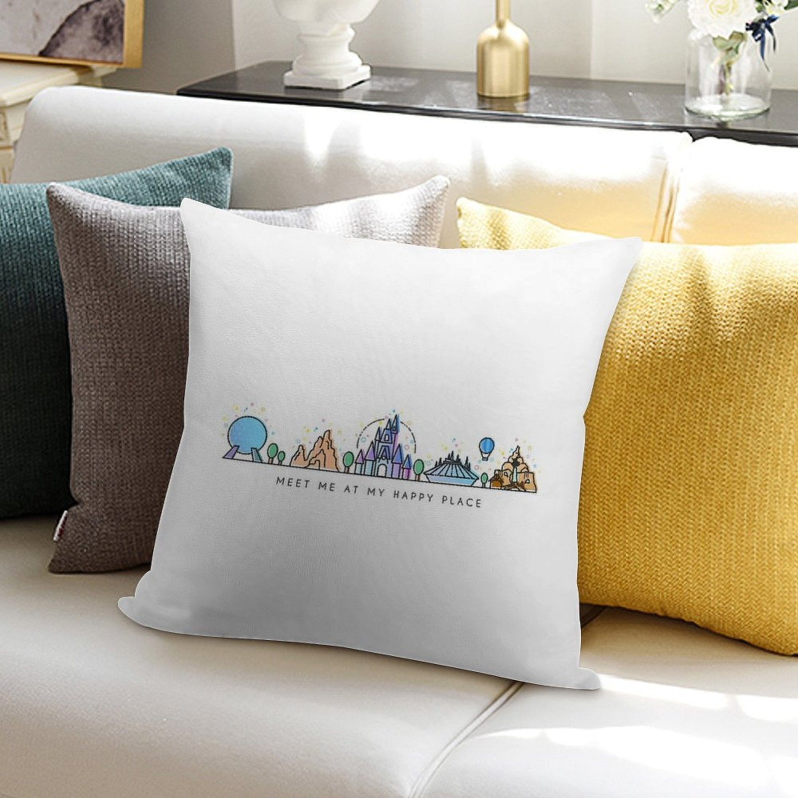 Meet Me at My Happy Place Vector Orlando Theme Park Illustration Design Soft Style Accent Throw Pillow