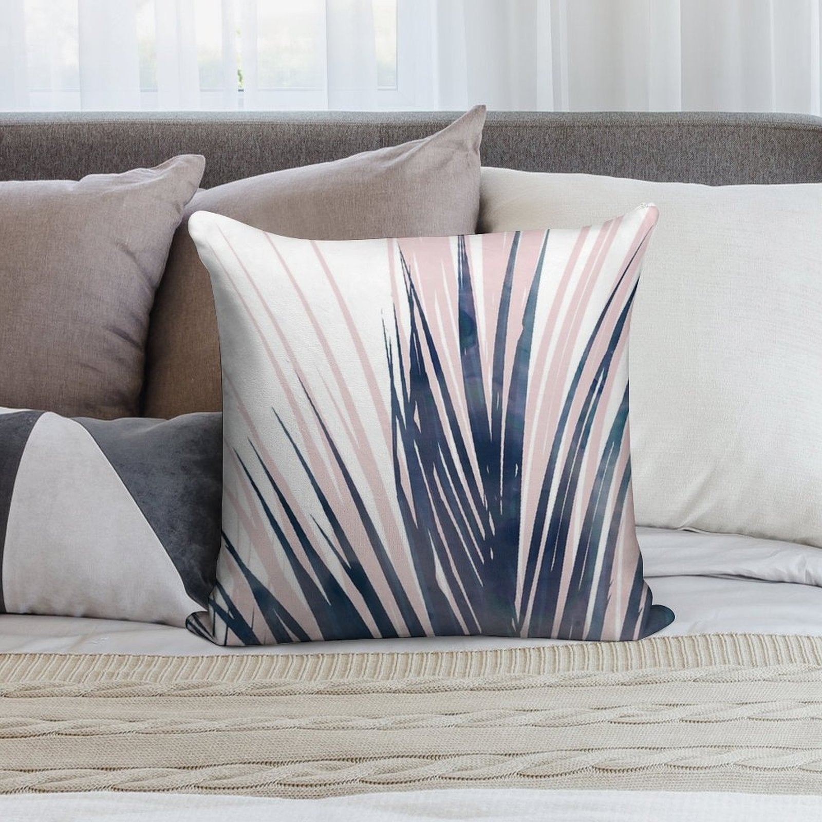 Contemporary Palm Leaf in Navy Blue And Blush Pink Soft Washable Throw Pillow