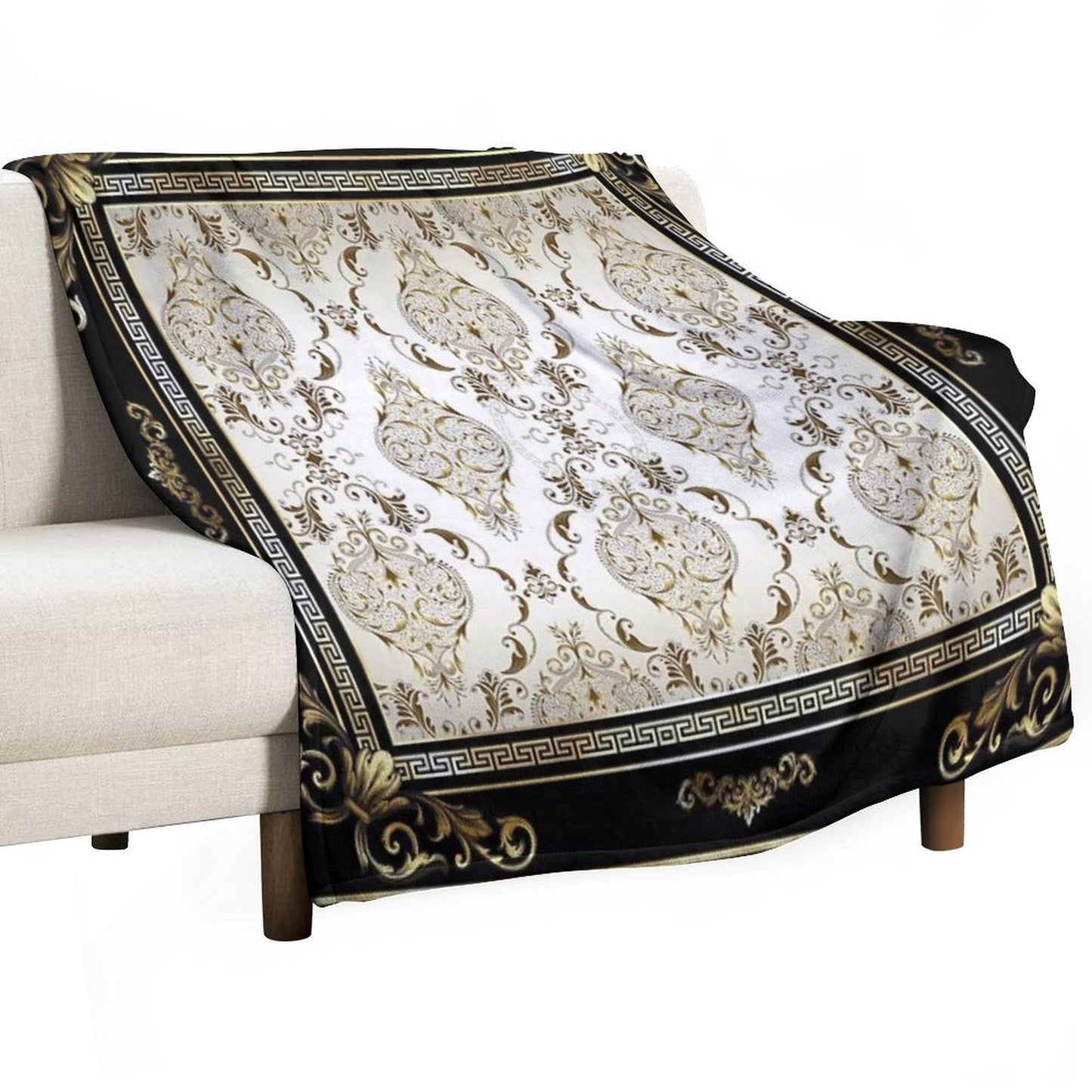 Ornate Baroque Cream Gold Black Greek Key Floral Sustainable Throw Blanket