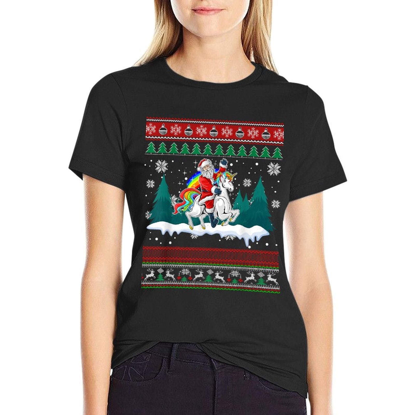 Santa Claus Riding On A Unicorn Ugly Christmas Funny  Rolled Sleeves T-Shirt