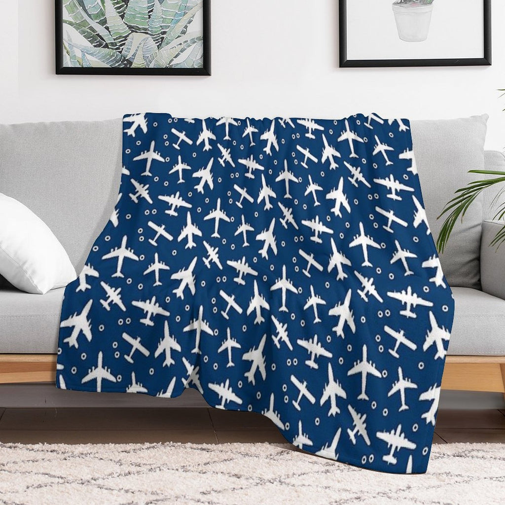 Blue And White Aeroplanes Silhouette Pattern Premium Throw Blanket