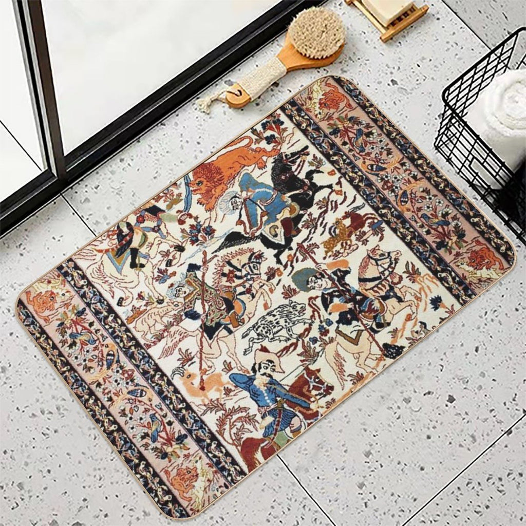 Blue Antique Persian Isfahan Silk Rug with Flowers Animals Print  Multi-Purpose Bath Mat