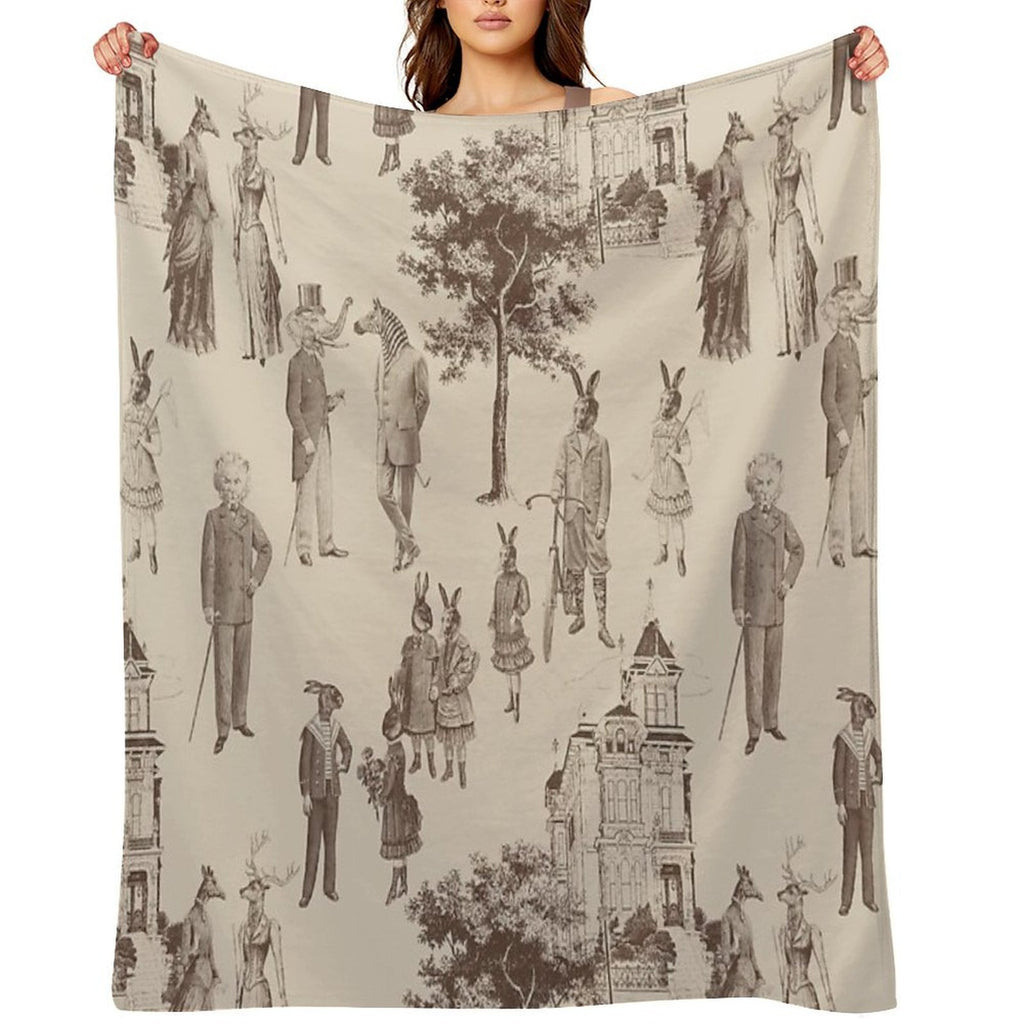 Antique Victorian Animals Brown Beige Toile Travel-friendly Throw Blanket