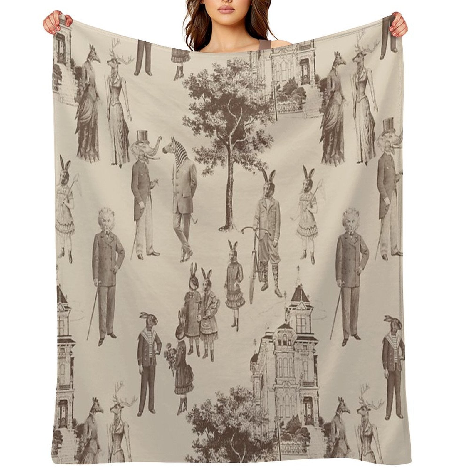 Antique Victorian Animals Brown Beige Toile Travel-friendly Throw Blanket