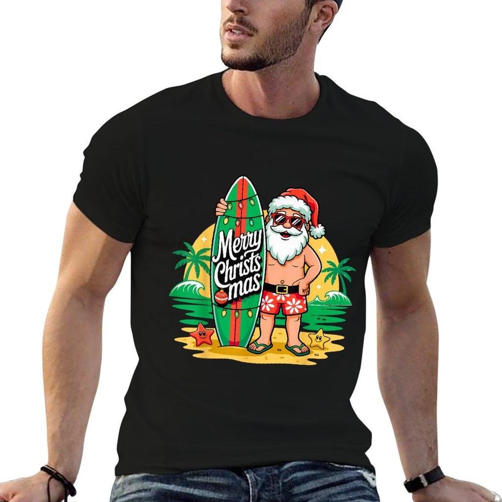 Santa Surfing Hawaiian Beach Christmas in July Tropical Xmas  Fade-proof Color T-Shirt
