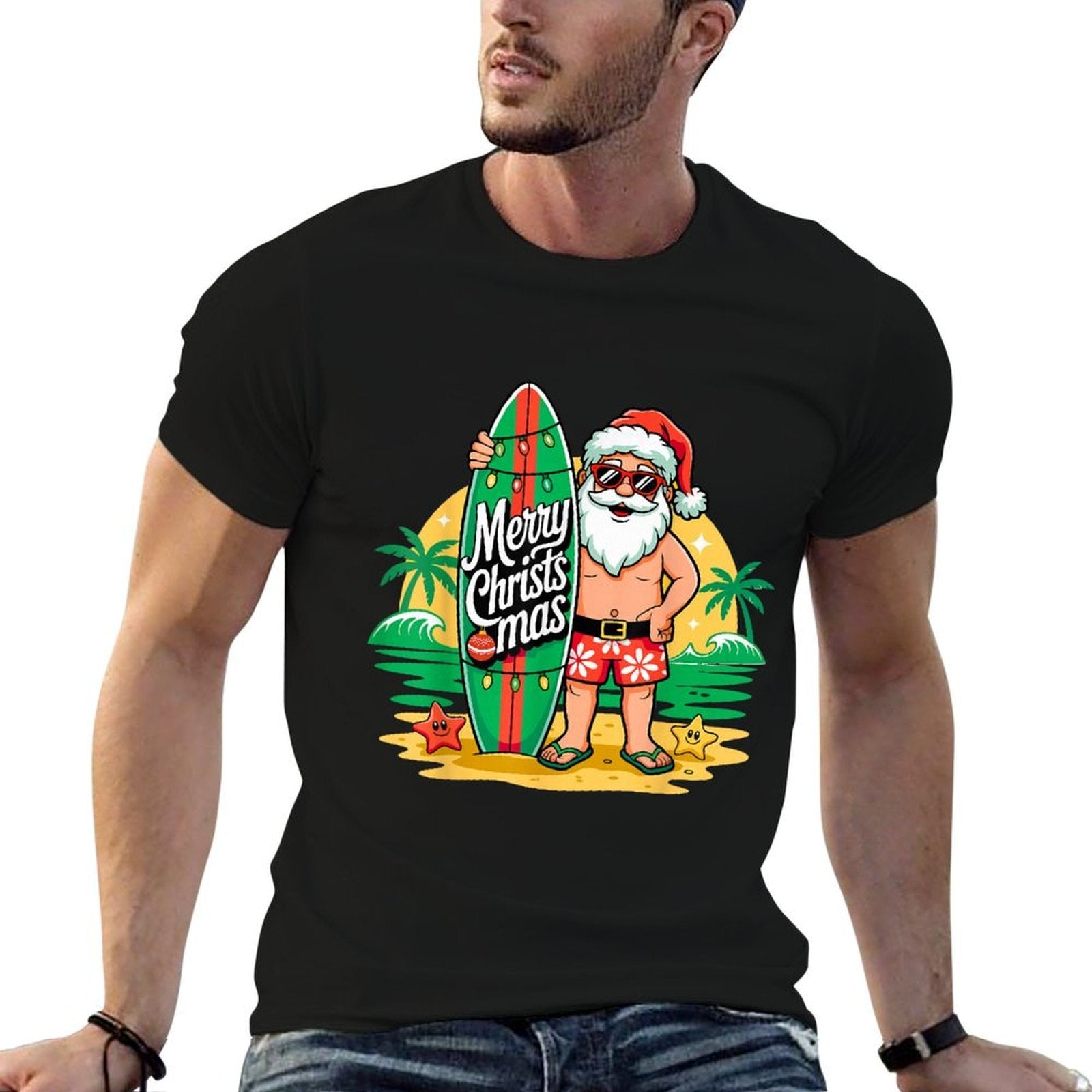 Santa Surfing Hawaiian Beach Christmas in July Tropical Xmas  Fade-proof Color T-Shirt