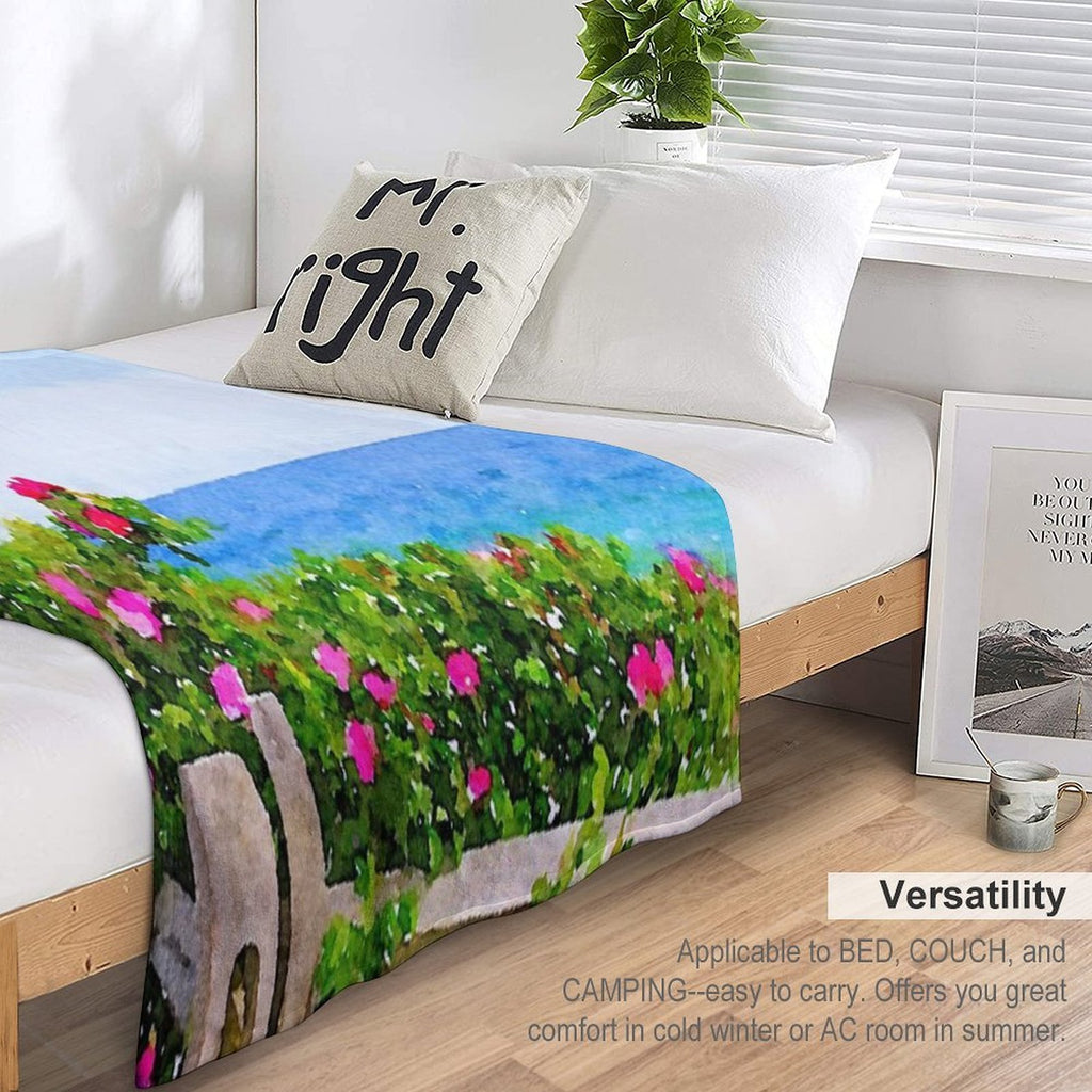 Beach Rose Along Ocean Watercolor Multi-functional Throw Blanket