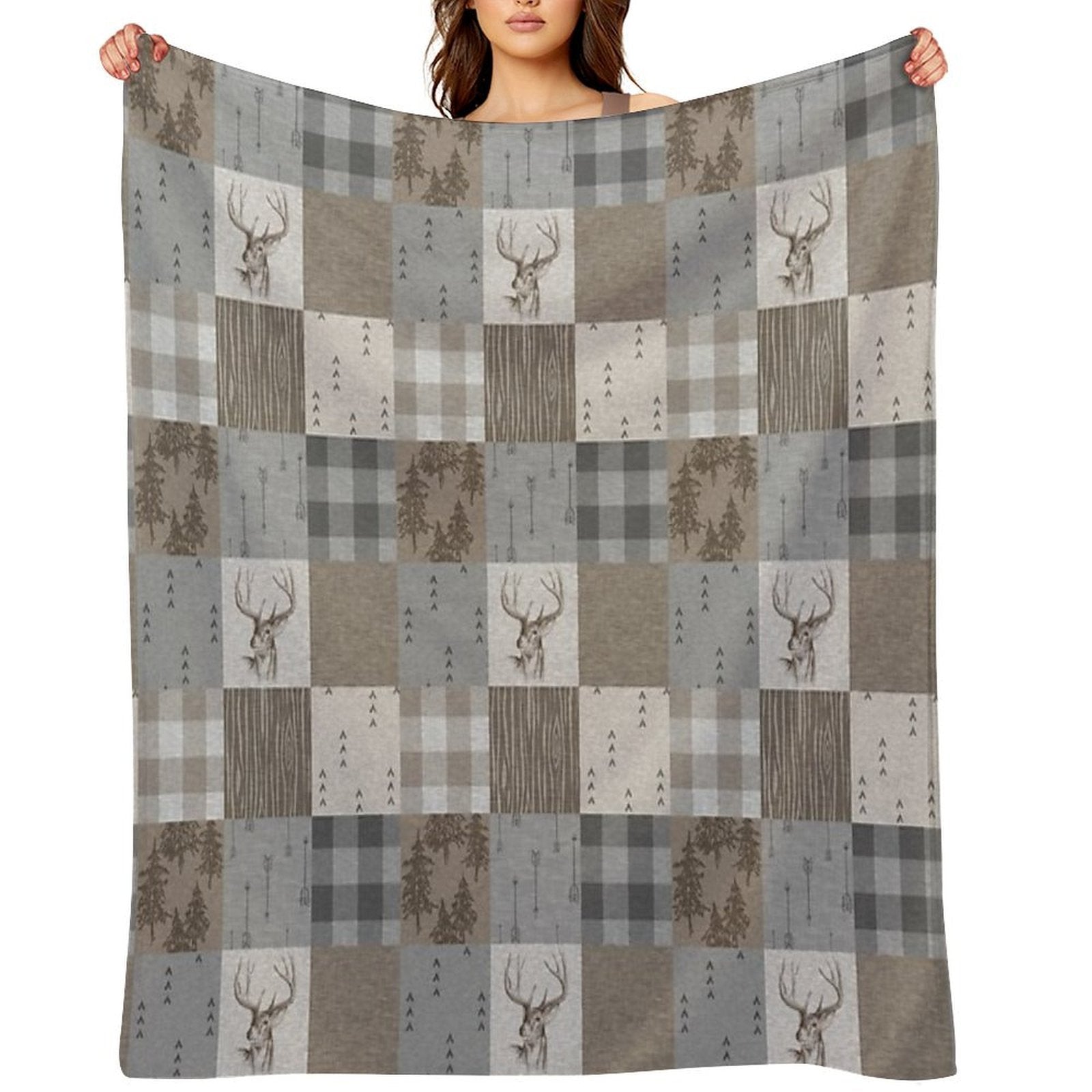 Deer Patchwork - Rustic Neutrals Easy Care Throw Blanket