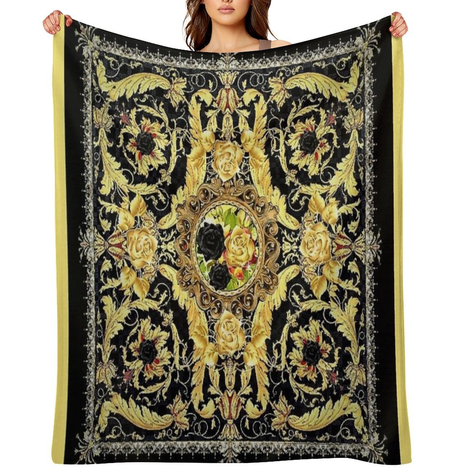 Black Roses And Vintage Baroque Italian  Jewelled Scroll Digital Art Edit Mysticladyart Premium Throw Blanket