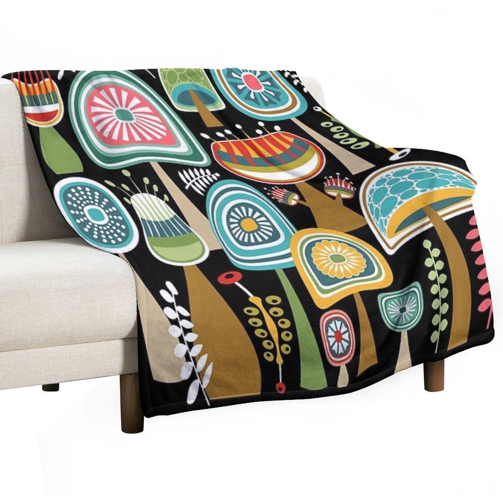 Colorful Mid Century Modern Mushrooms  Large Scale Gift-ready Throw Blanket