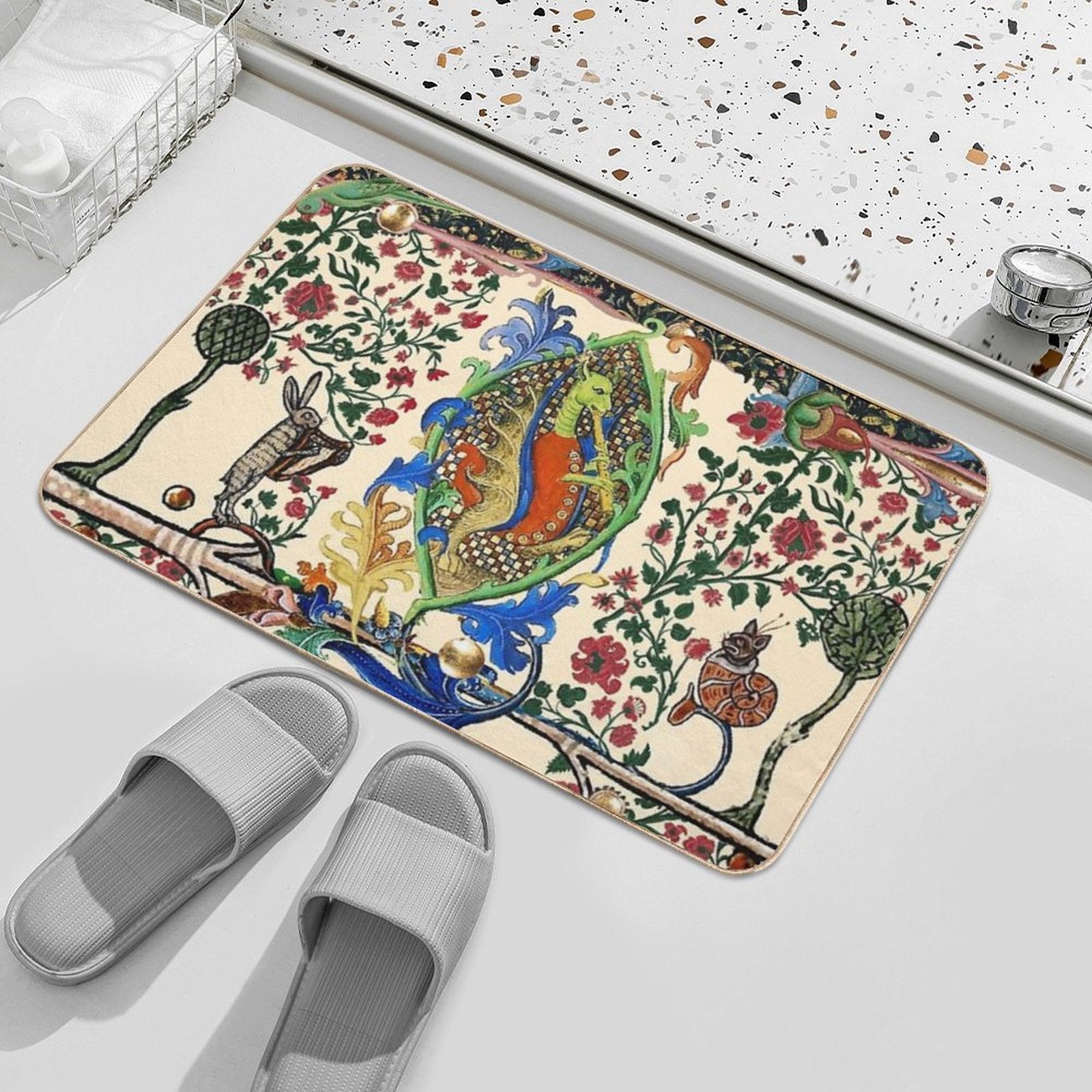 WEIRD MEDIEVAL BESTIARY MAKING MUSIC, Dragon Playing Flute ,Harpist Rabbit,Snail Cat  Rapid-Drying Bath Mat
