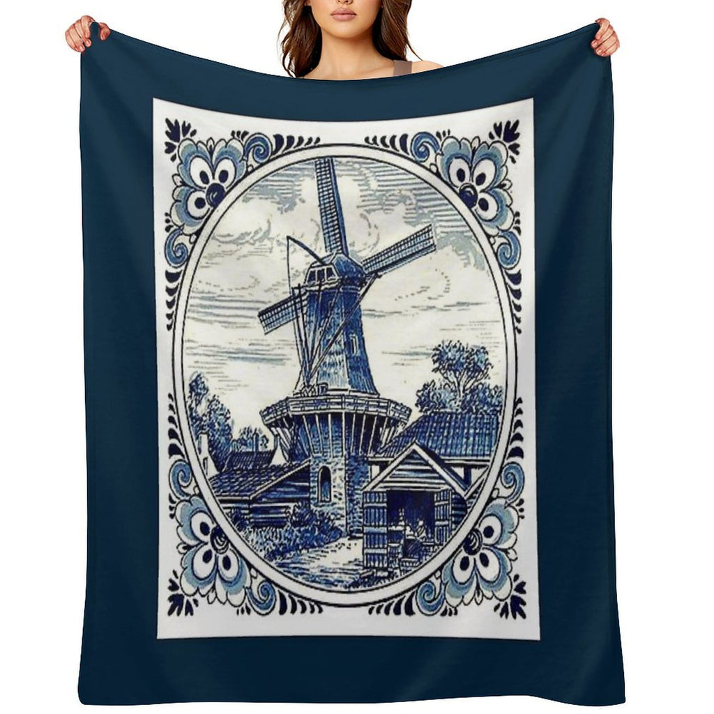 DUTCH BLUE DELFT  Vintage Windmill  Print Sustainable Throw Blanket