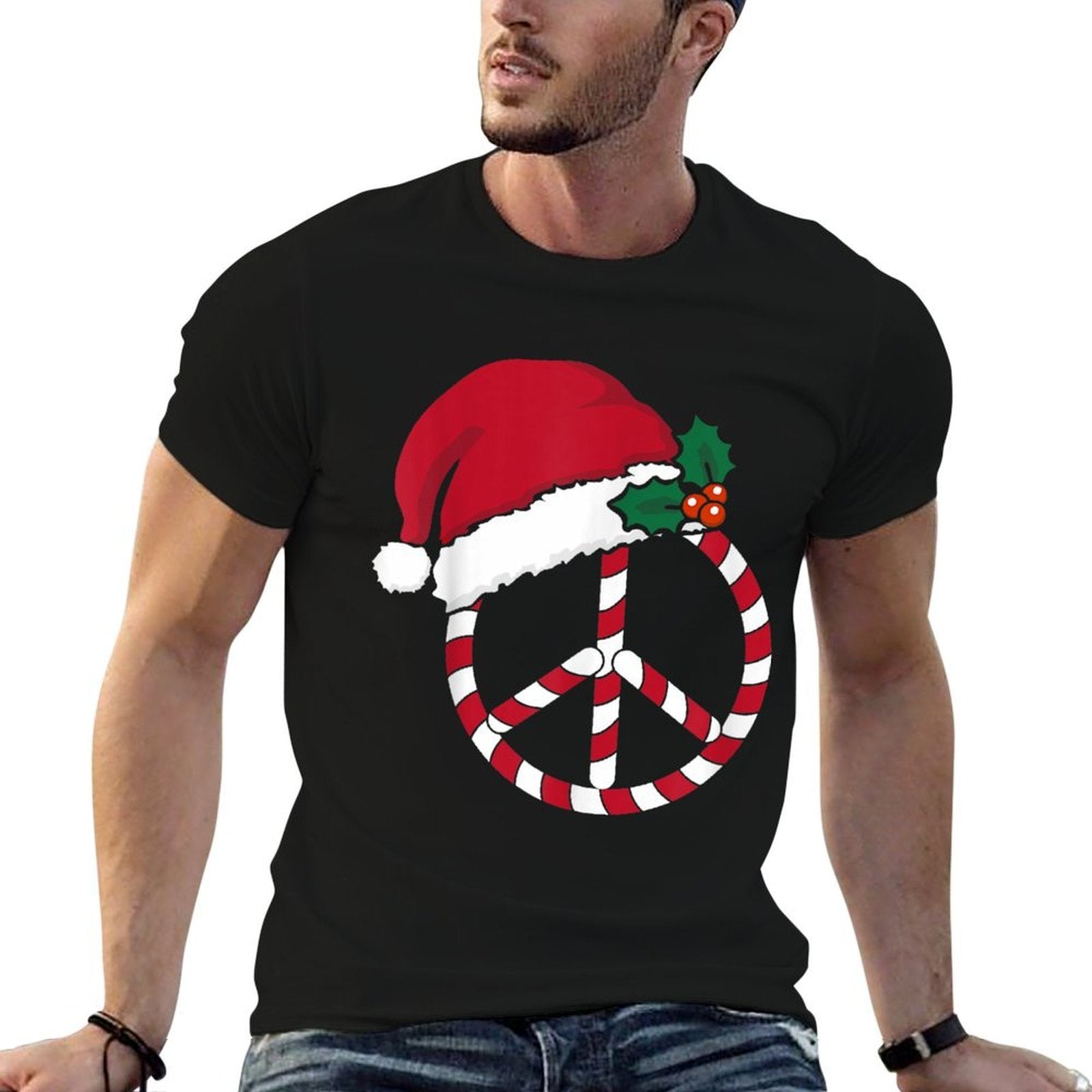 Candy Cane Peace Sign Merry Christmas Symbol Santa Hat Cute  Graphic-printed T-Shirt