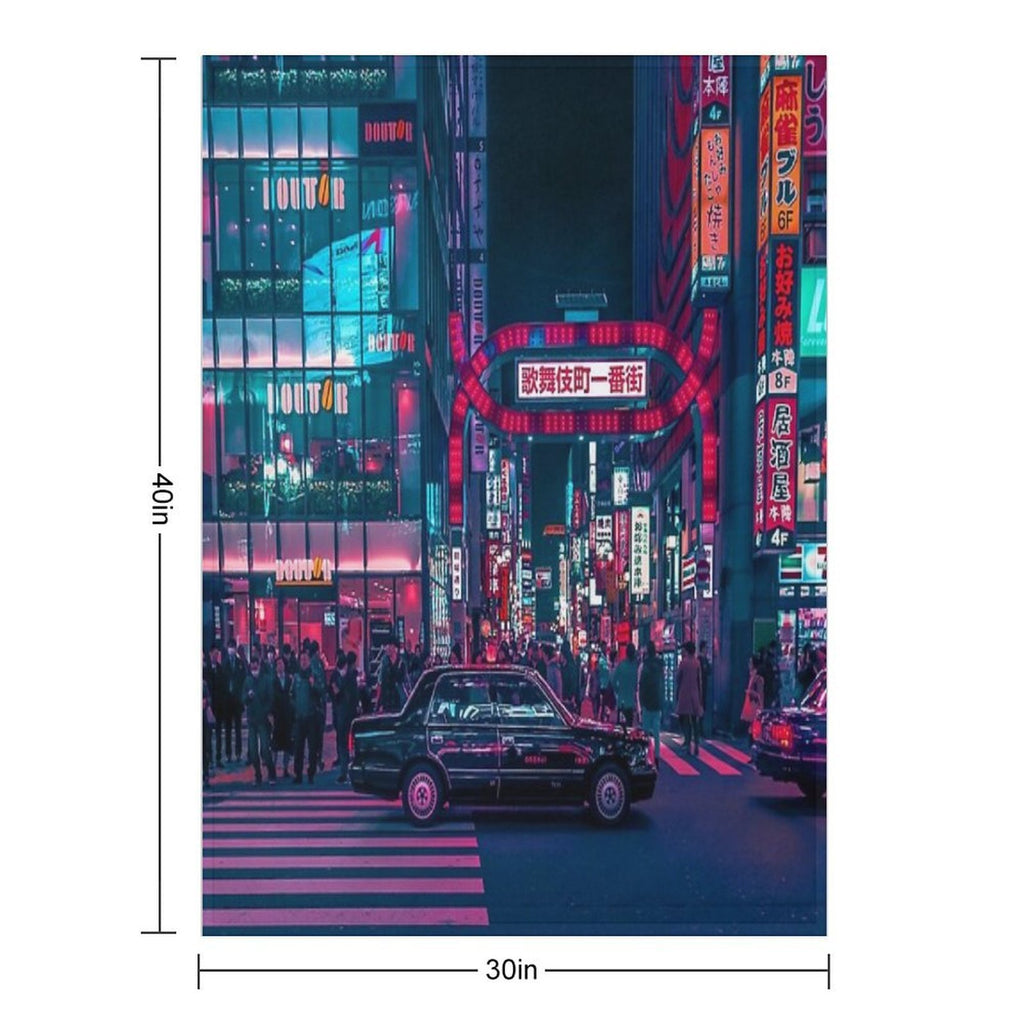 Cyberpunk Tokyo Street Travel-friendly Throw Blanket