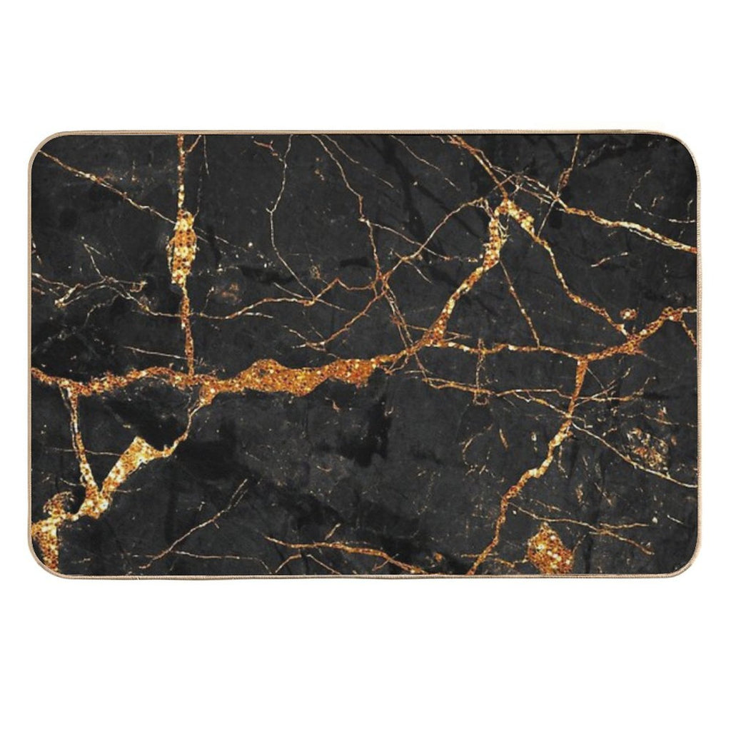 Faux Black Marble with Gold Glitter Veins Durable Bath Mat