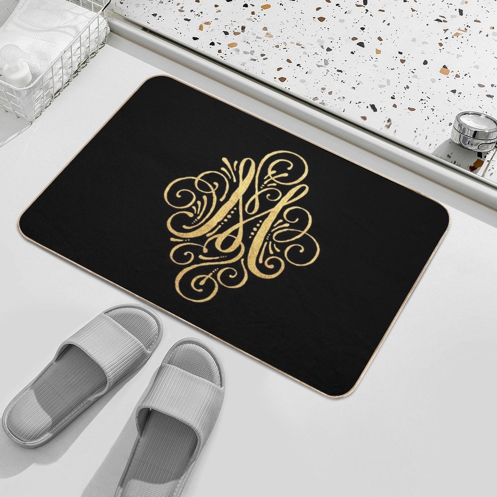 Golden Monogram Letter M  Repositionable Bath Mat
